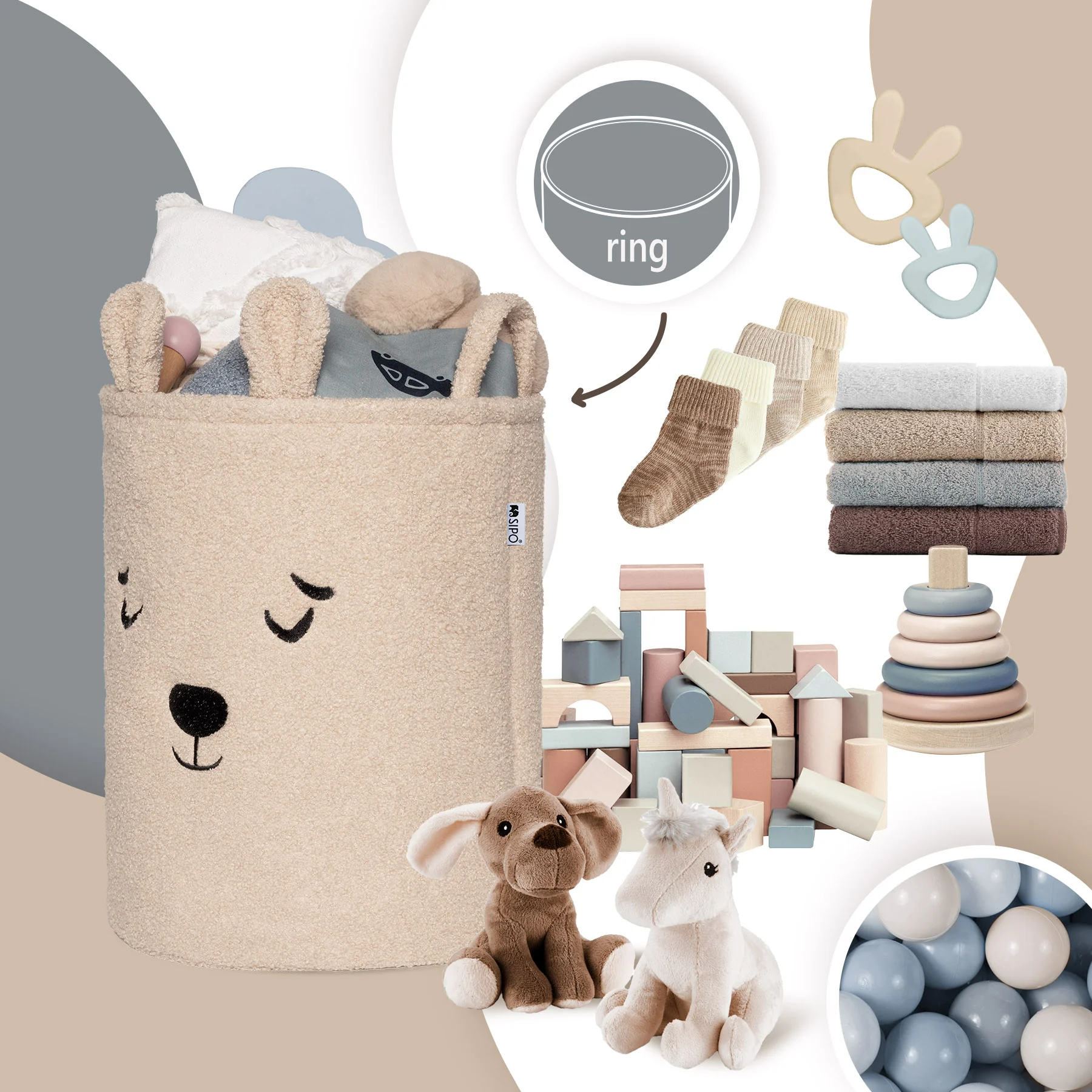 SIPO Koš na hračky Premium Bouclé se šňůrkou / 43 l, Bear (Beige)