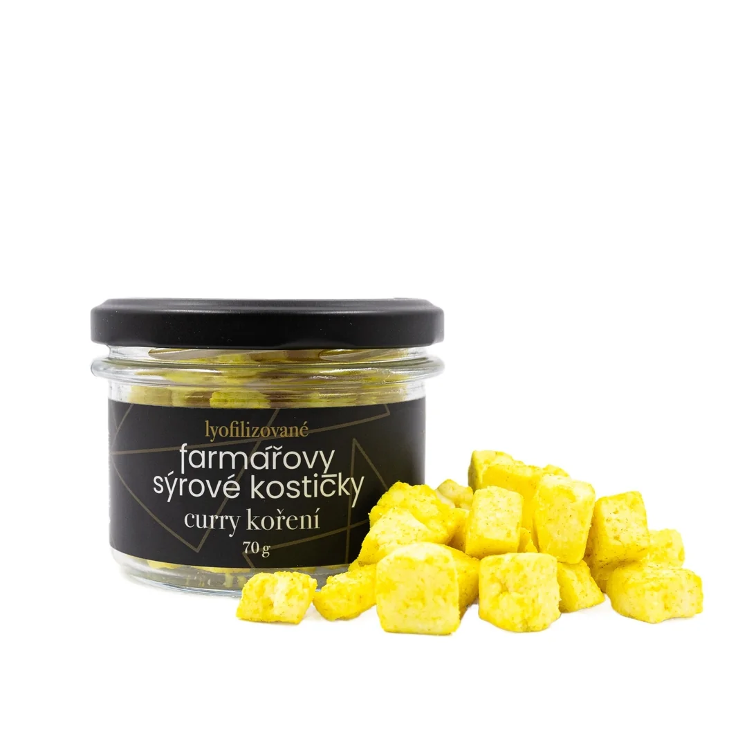 Lyopotraviny Farmářovy sýrové kostičky - curry koření, 70 g, sklo