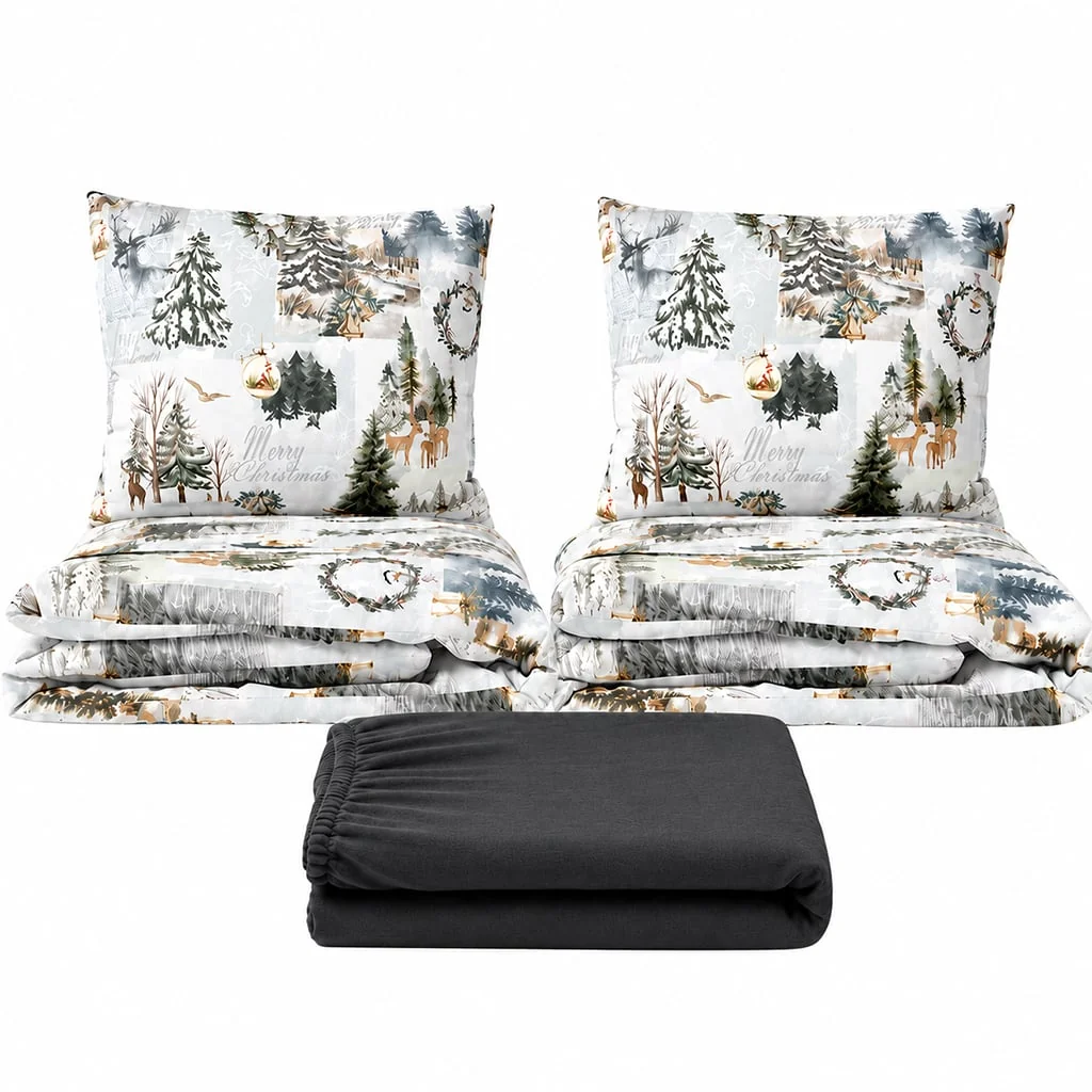 Povlečeme vše Set dvoulůžko Vánoční noviny - 2x povlečení, prostěradlo 180x200cm (046) tm.šedá