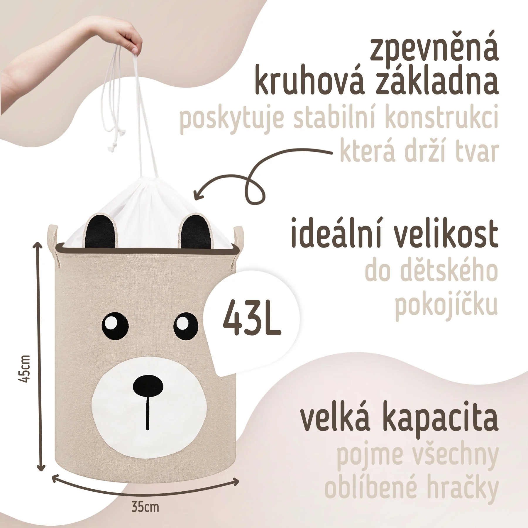 SIPO Koš na hračky se šňůrkou, skládací bavlněný / 43 l, Teddy Bear Beige