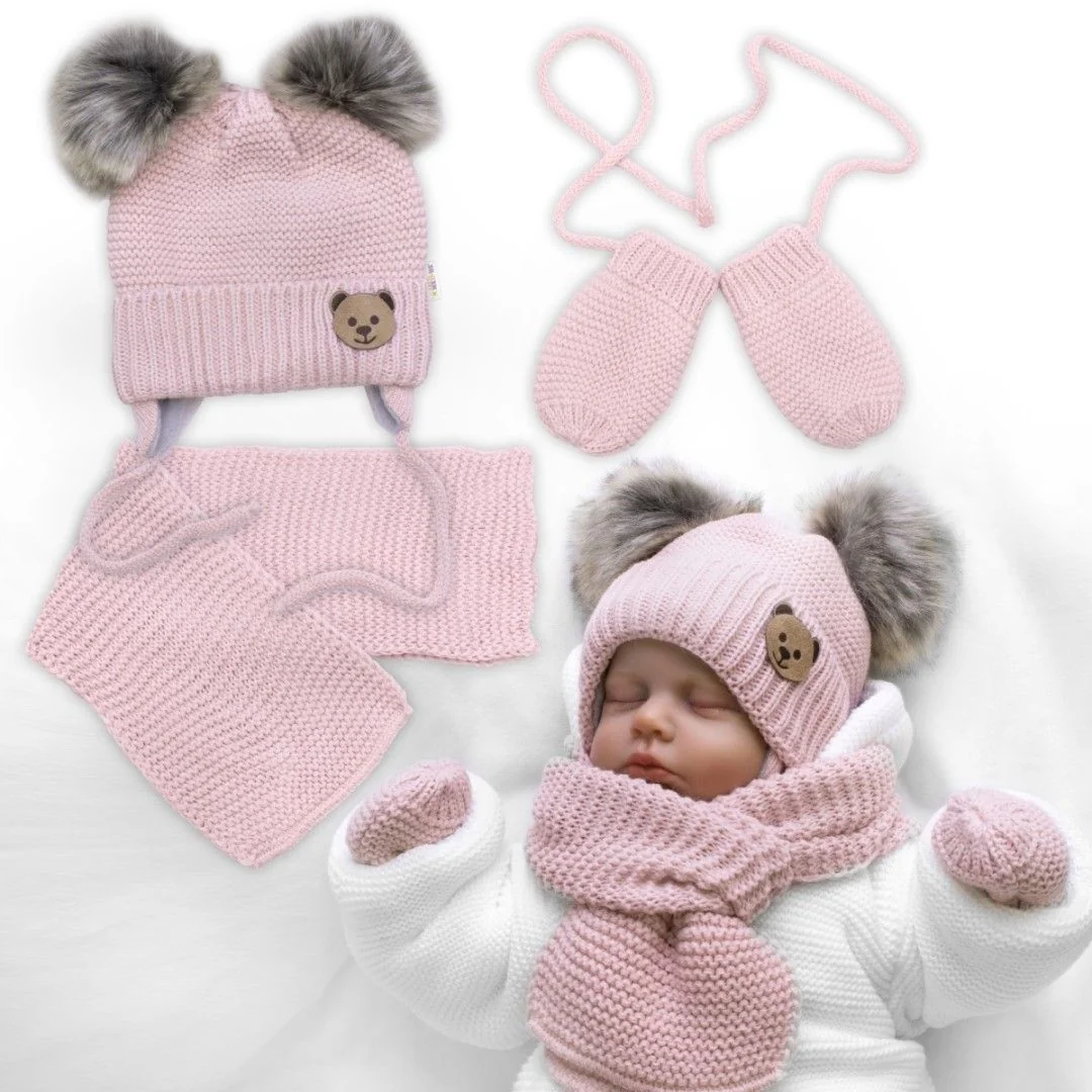 Baby Nellys Dětská sada, zimní čepice s šálou + rukavičky 3D, Teddy Bear - pudrově růžová