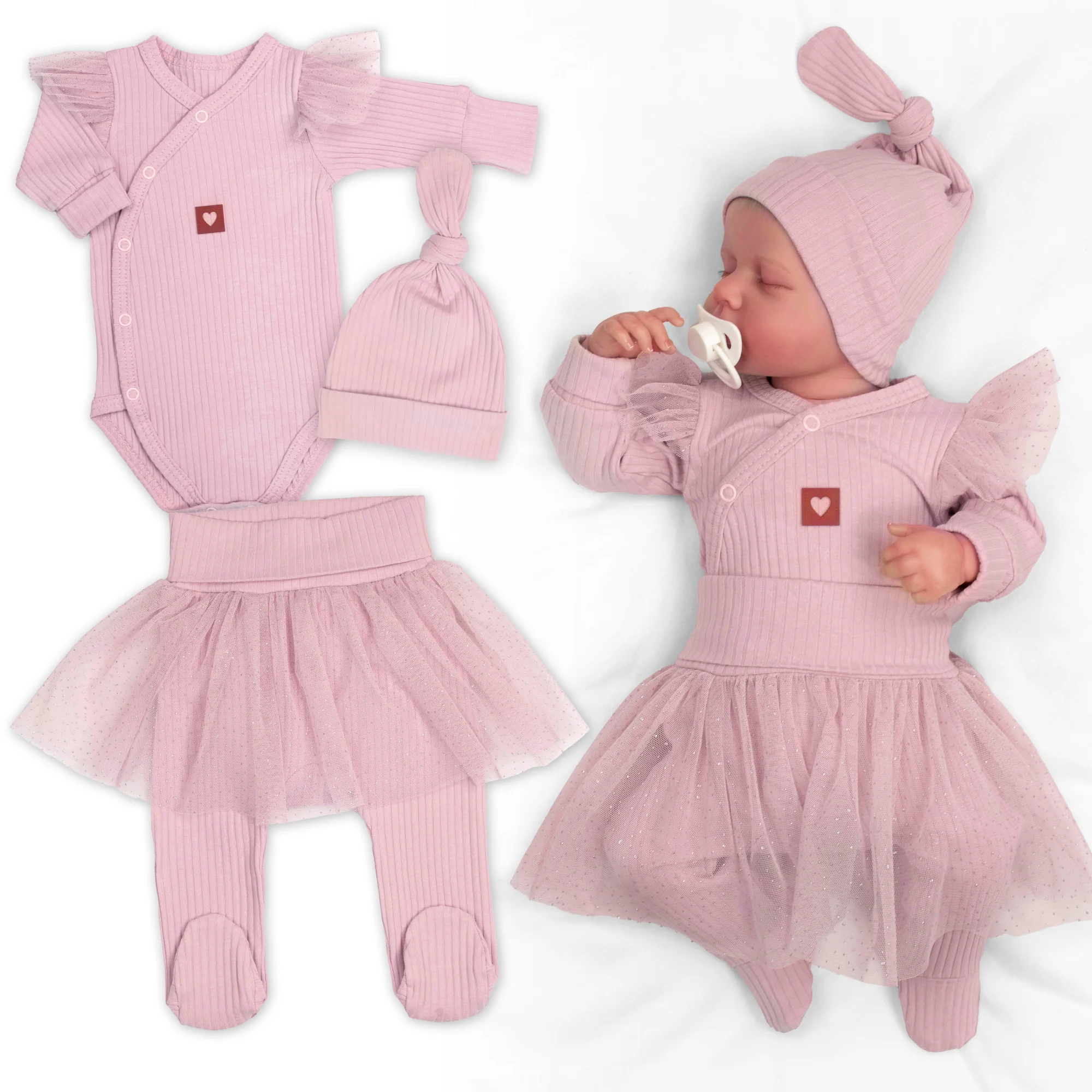 Baby Nellys Žebrovaná rostoucí souprava 3D Lux, Sweet Angel - pudrově růžová, 68/74