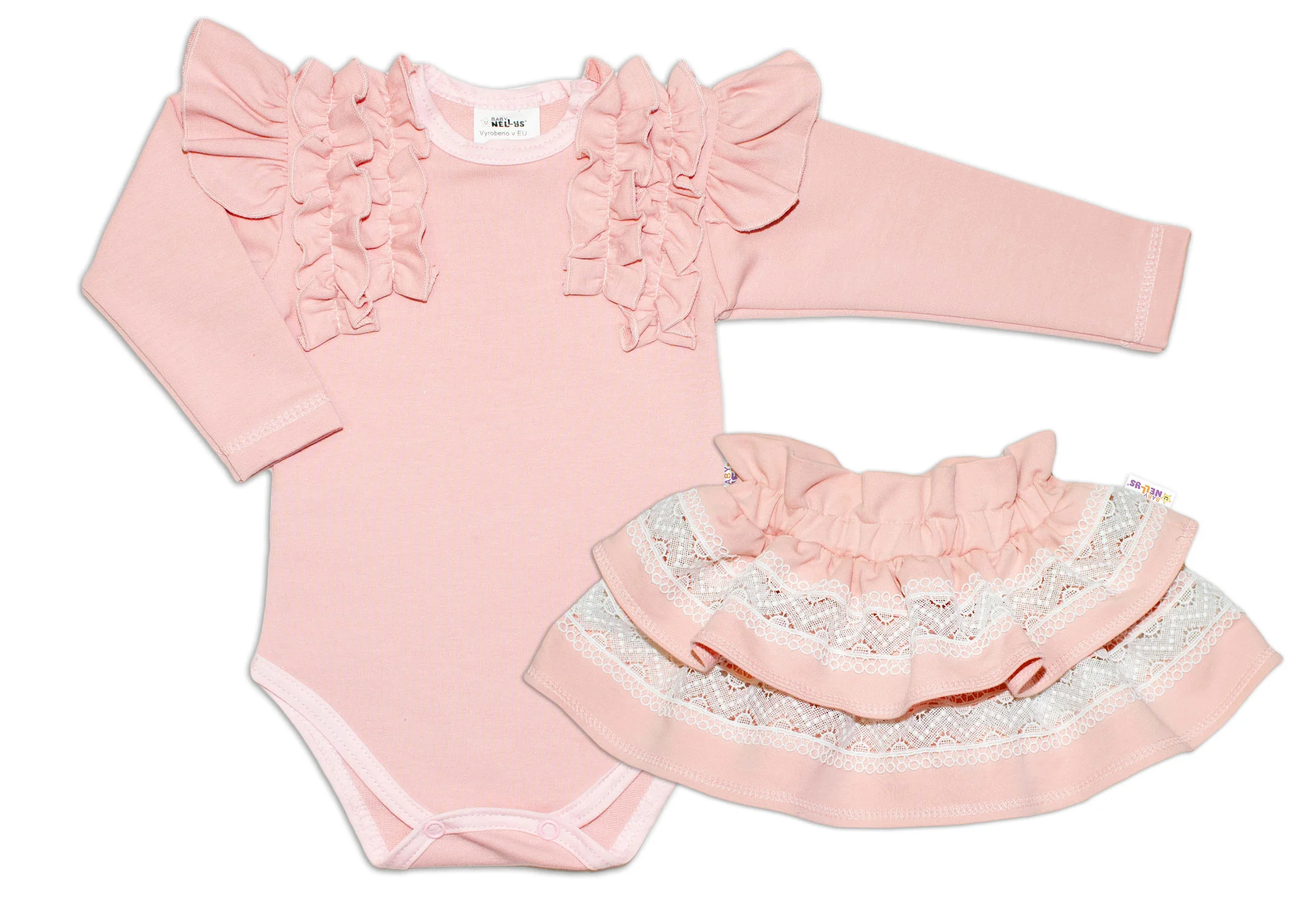 Baby Nellys 2-dílná sada, body dl.rukáv + suknička s krajkou a volánky vel. 98, pudrová