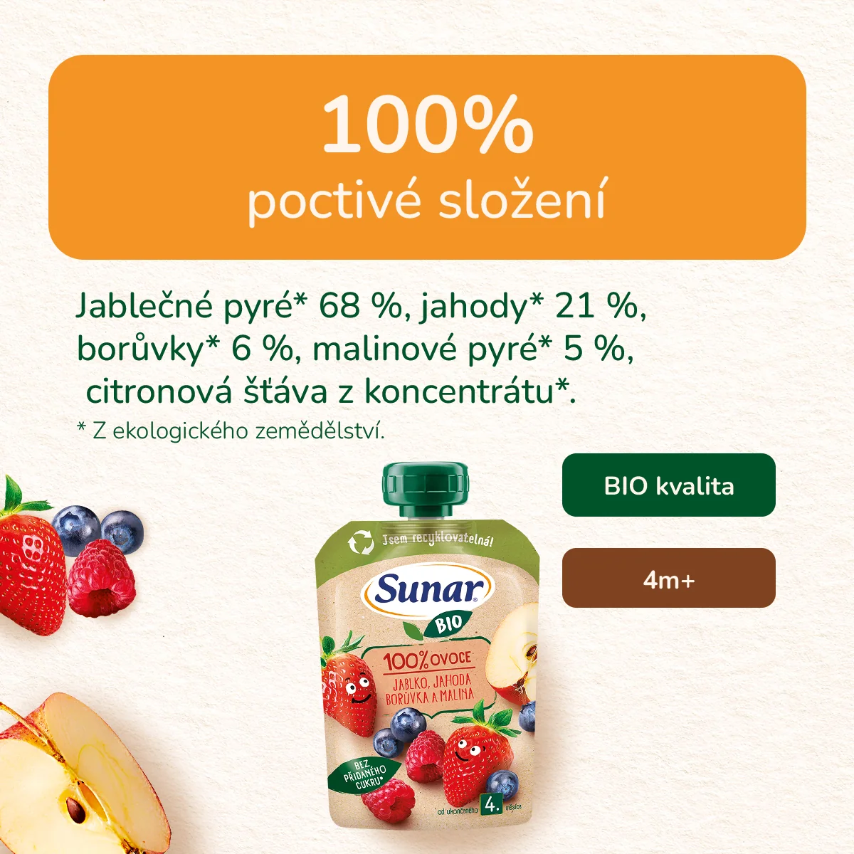 Sunar BIO Jablko, jahoda, borůvka, malina 4m+ kapsička 100 g