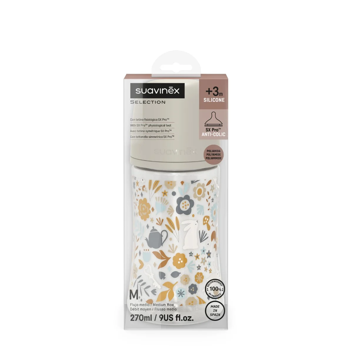 Suavinex Wonderland Kojenecká láhev průtok M 3m+ 270 ml 1 ks liberty krémová