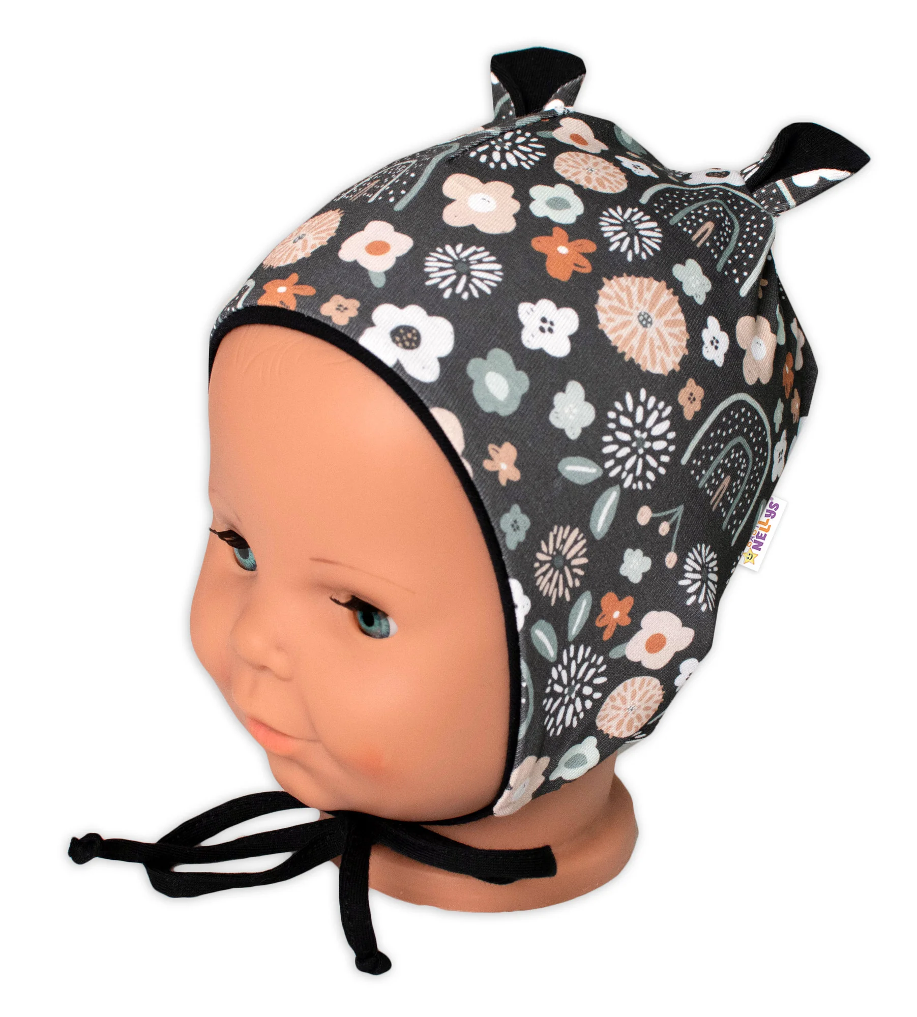 Baby Nellys Kojenecká čepička s oušky na zavazování - Palouček, grafit