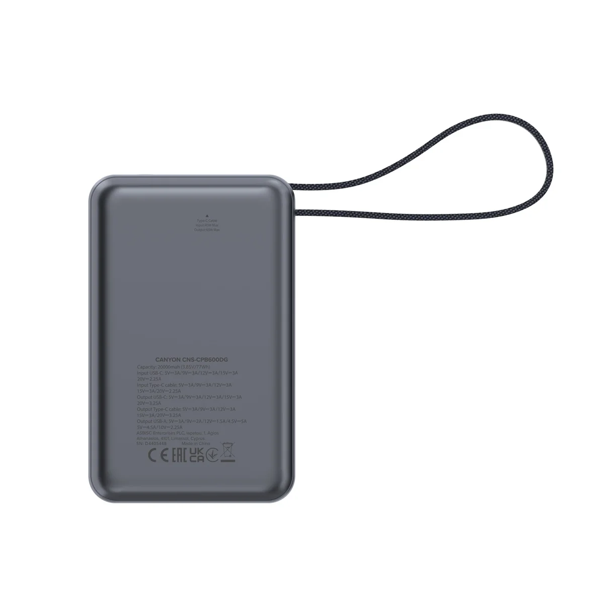 Canyon Power Bank PB-600, 20000mAh PD65W, dark grey