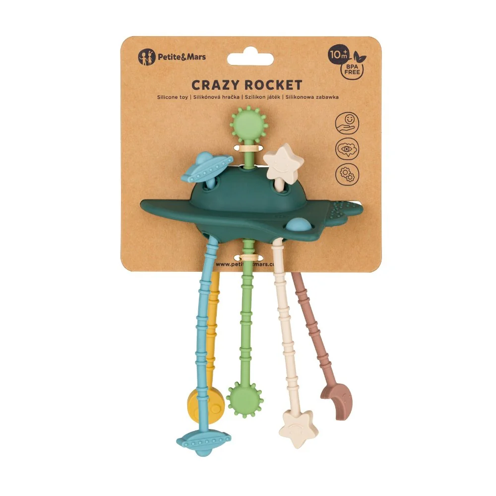 Petite&Mars Hračka silikonová senzorická Crazy rocket Misty Green 10m+