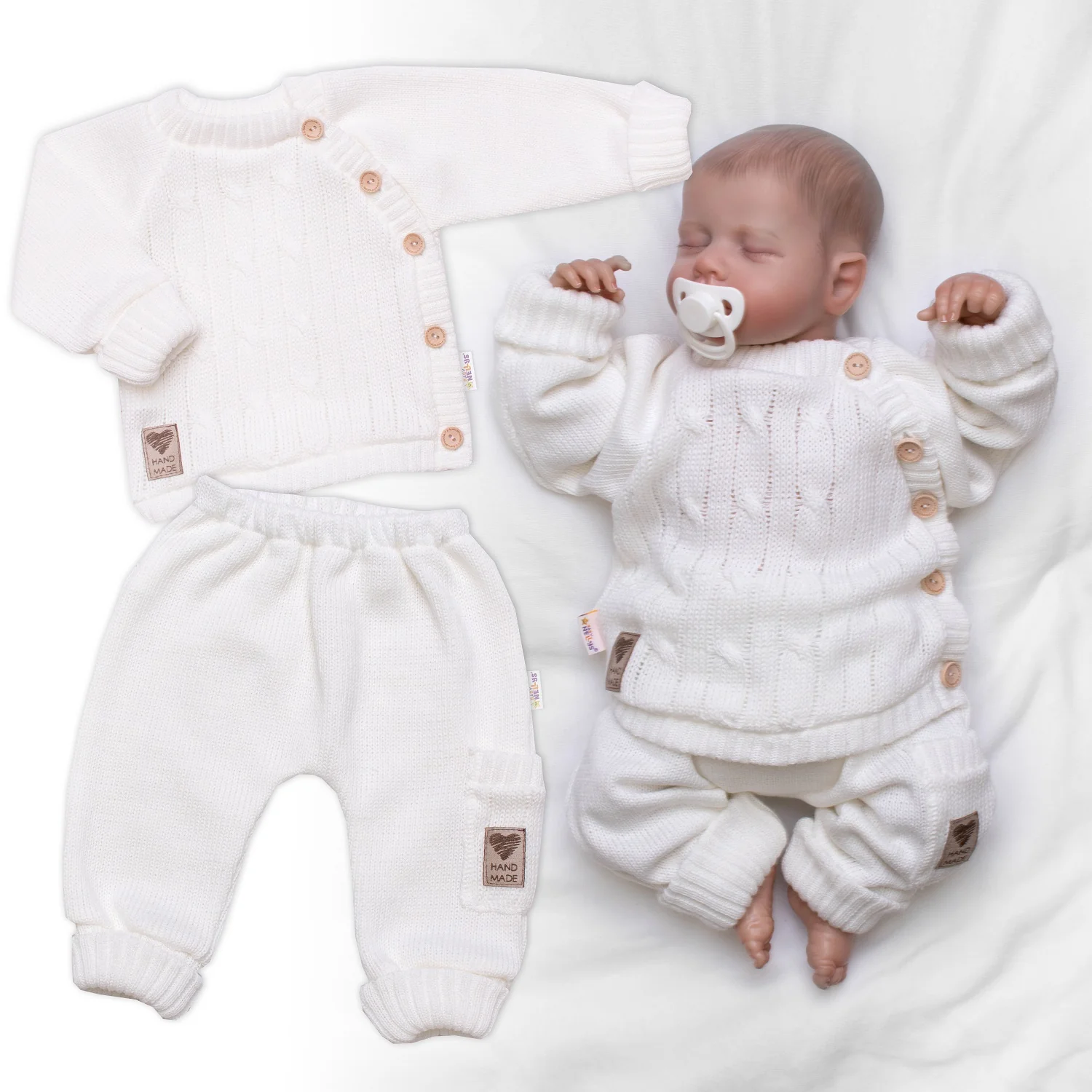 Baby Nellys Rostoucí pletený svetřík a kalhoty s kapsou Hand Made 2D,smetanový, vel. 68/74