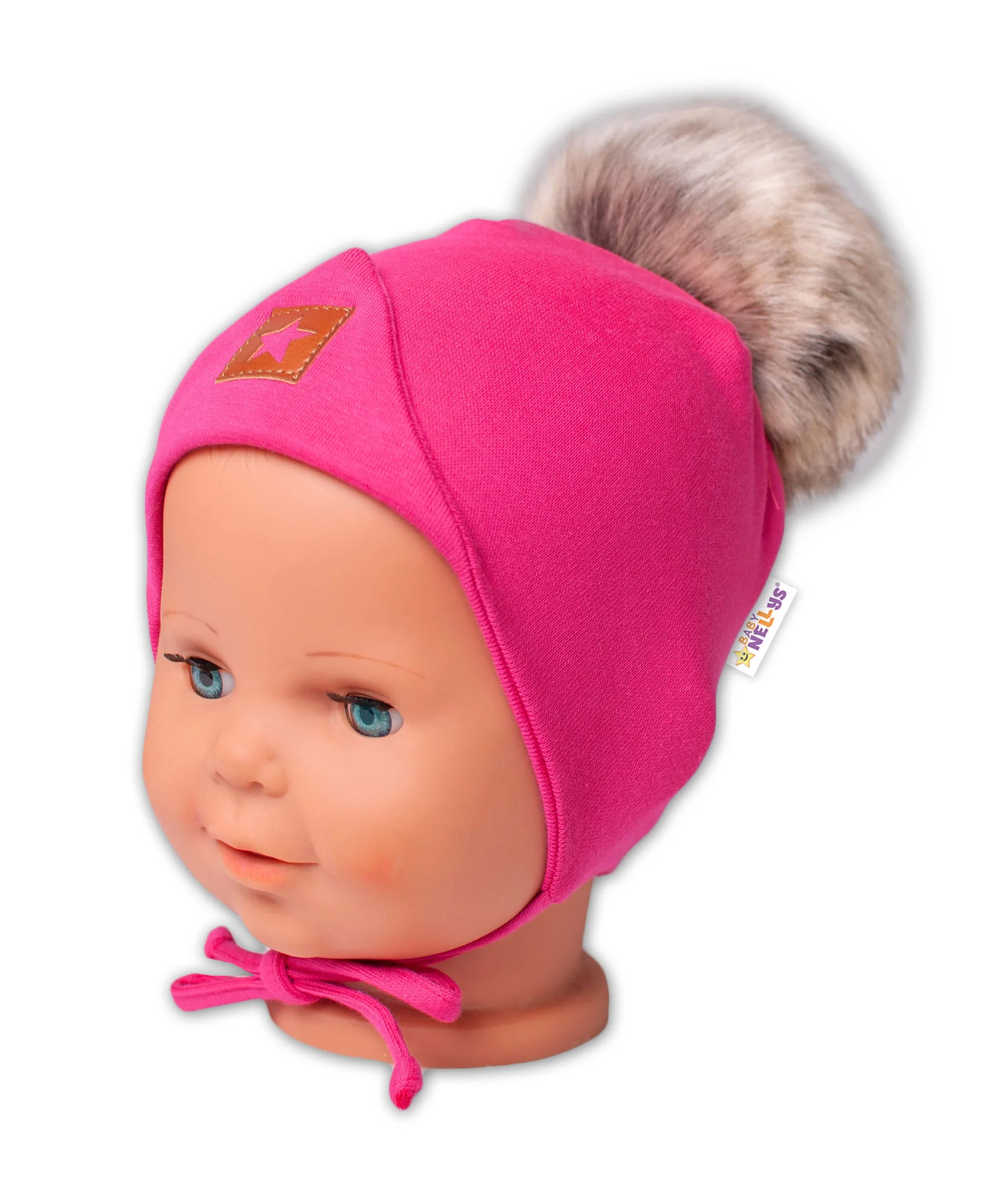 Baby Nellys Zimní,podzimní bavlněná dvouvrstvá čepice s bambulí Star, růžová