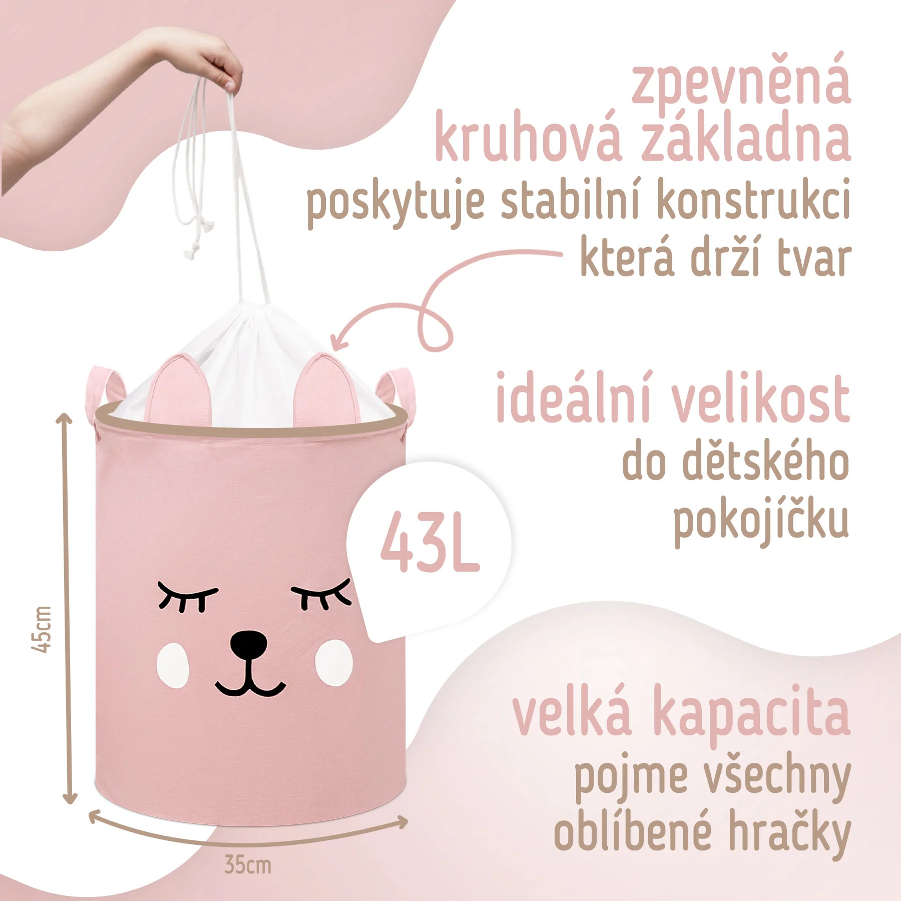SIPO Koš na hračky se šňůrkou, skládací bavlněný / 43 l, Teddy Bear Pink