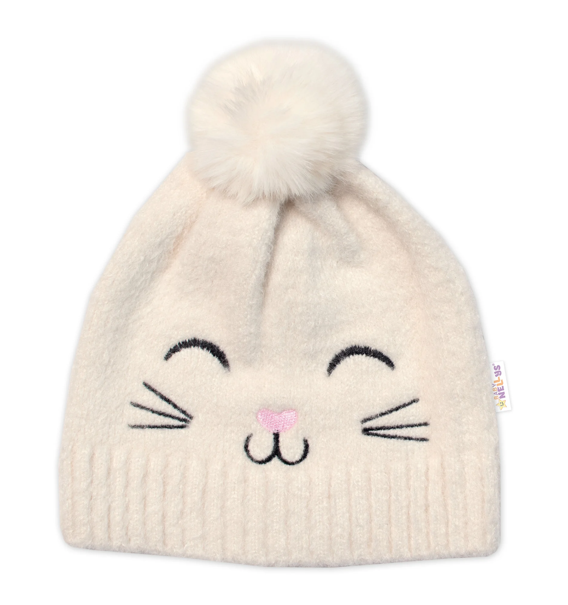 Baby Nellys Zimní čepice s bambulí + šál, Kitty, smetanová vel. 54/58