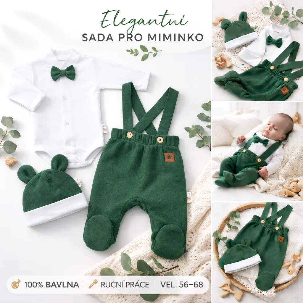 Baby Nellys Bavlněná souprava Gentleman 3D, body, polodupačky, čepička, tm. zelená, 62