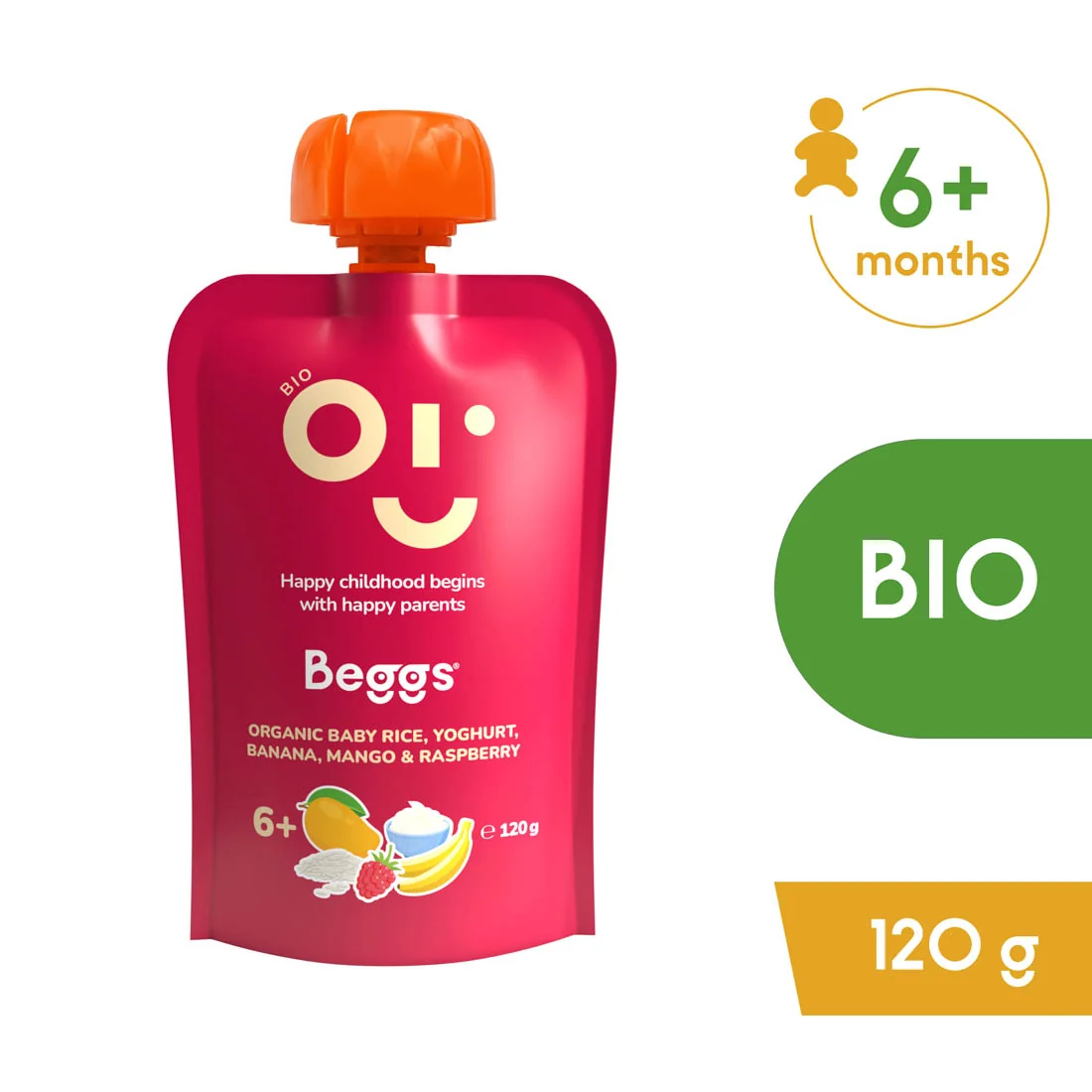 Beggs BIO Kapsička dětská rýže, jogurt, banán, mango, maliny 6m+ 120 g