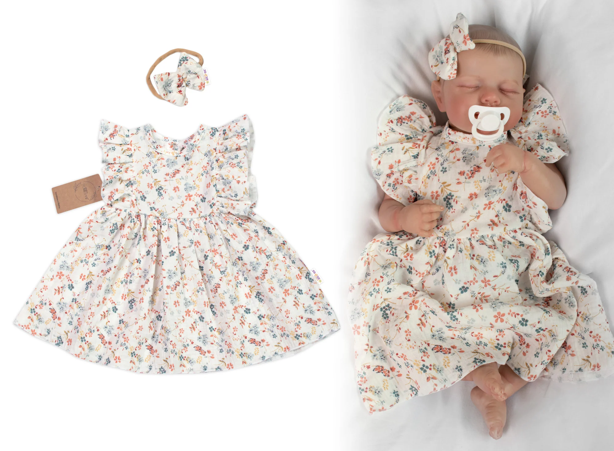 Baby Nellys Mušelínové šatičky + čelenka 2-dílná sada Luční kvítky,  smetanové vel.  104