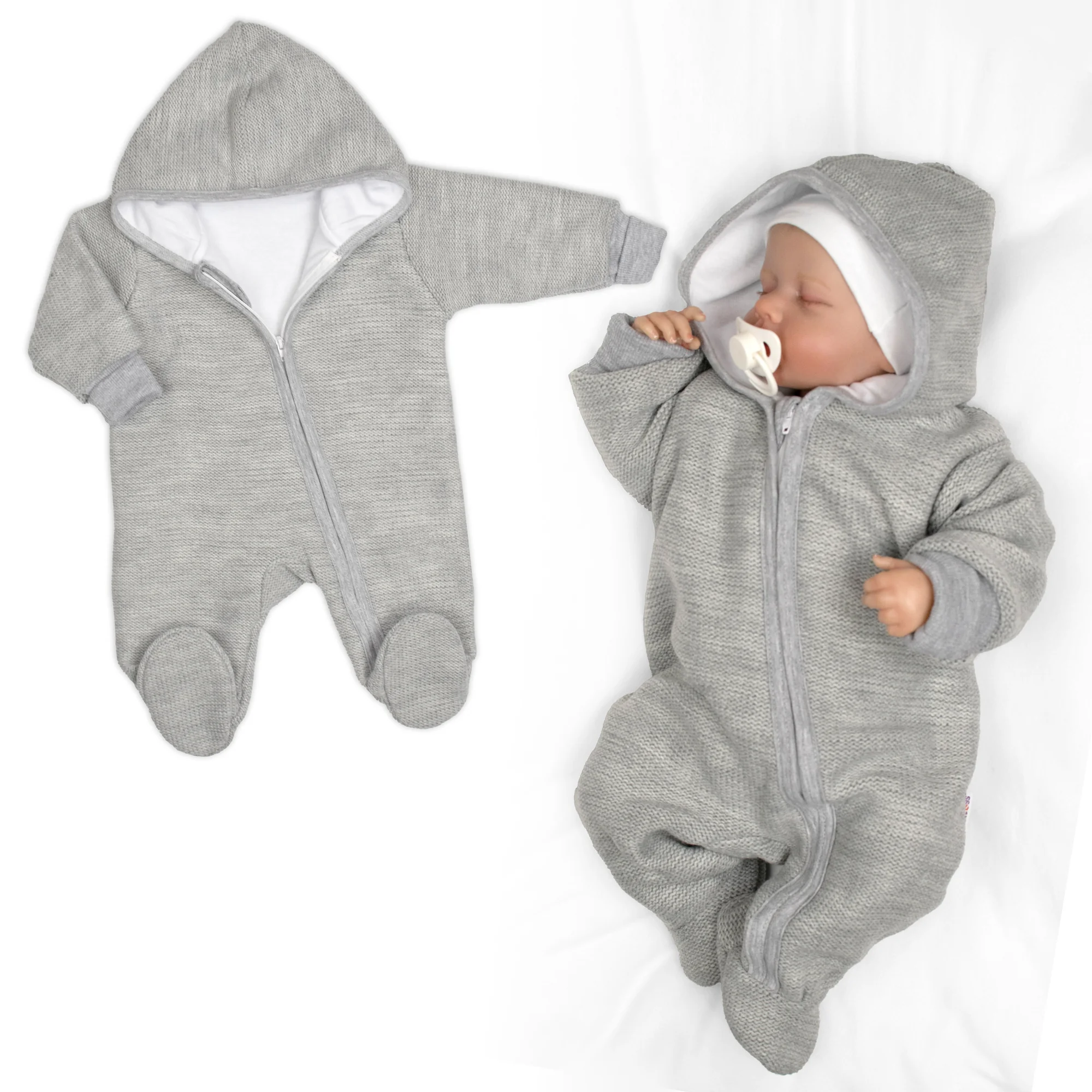 Baby Nellys Pletený overal s kapucí, CUTE - šedý, vel.56