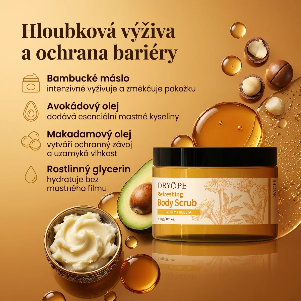 DRYOPE Fruity Freesia osvěžující body scrub 230 g