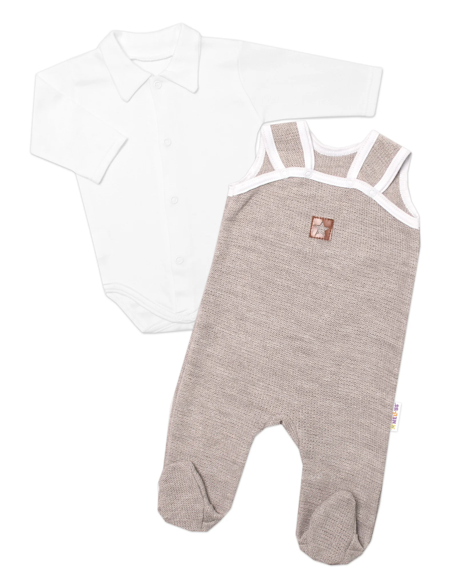 Baby Nellys 2D sada Star, body dl. rukáv,pletené dupačky, béžové,68