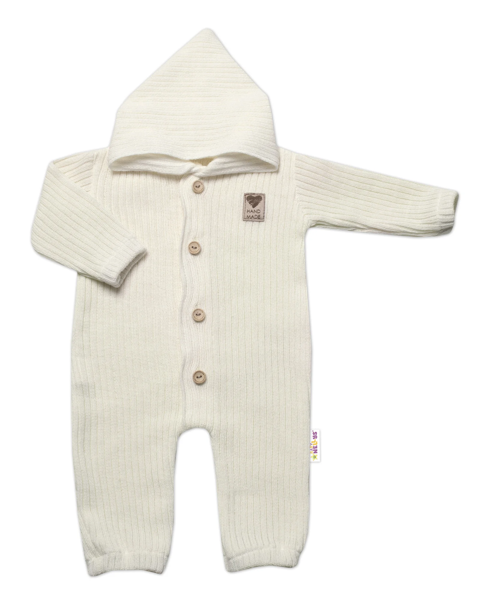 Baby Nellys Pletený overálek s kapucí a knoflíčky Hand Made, ecru vel. 68/74
