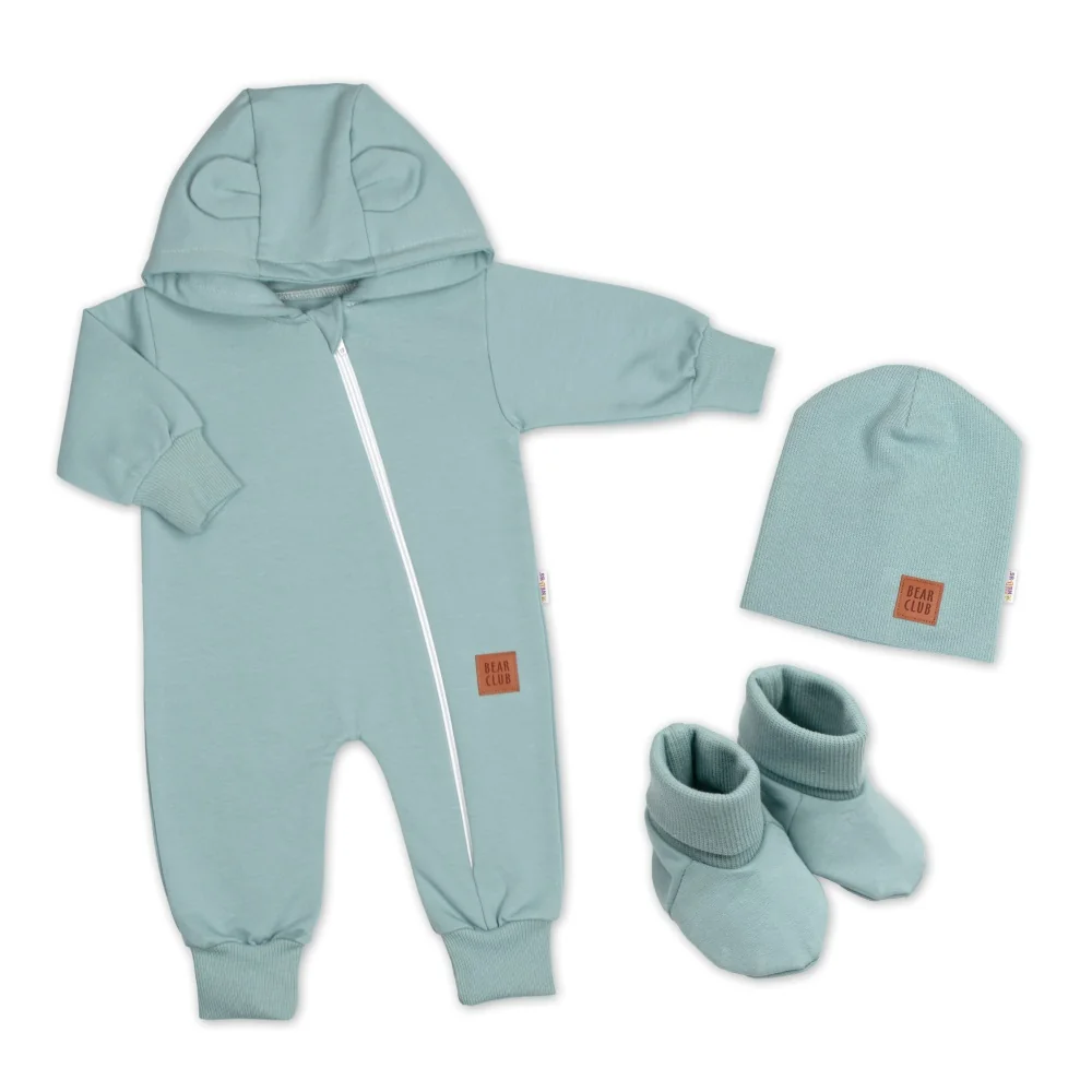 Baby Nellys Rostoucí teplákový overal, čepice, botky, 3D, Nature - ledově mátový, 56/62