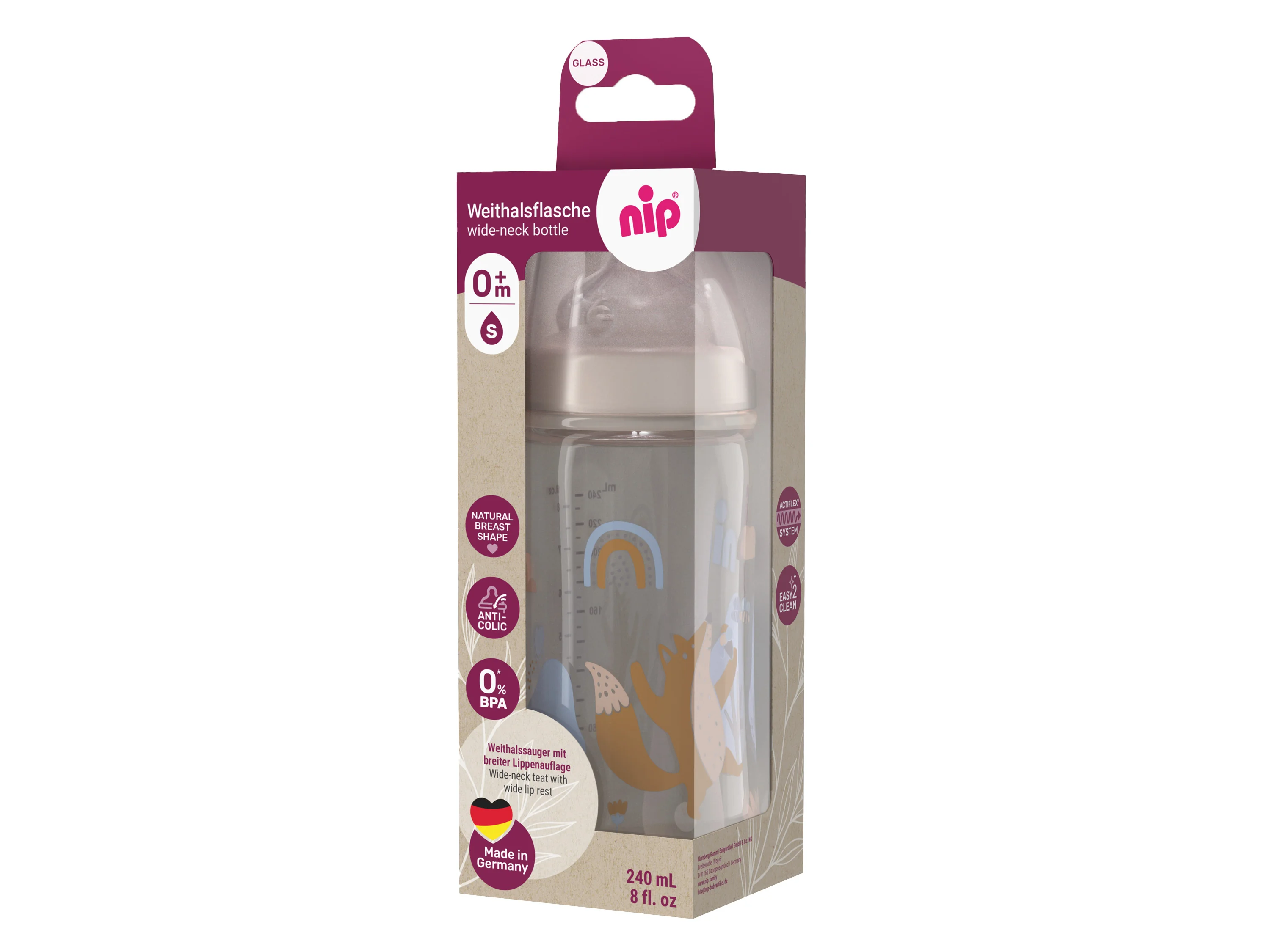 nip Láhev kojenecká sklo,široká,silkon-S,240ml,0m+,uni