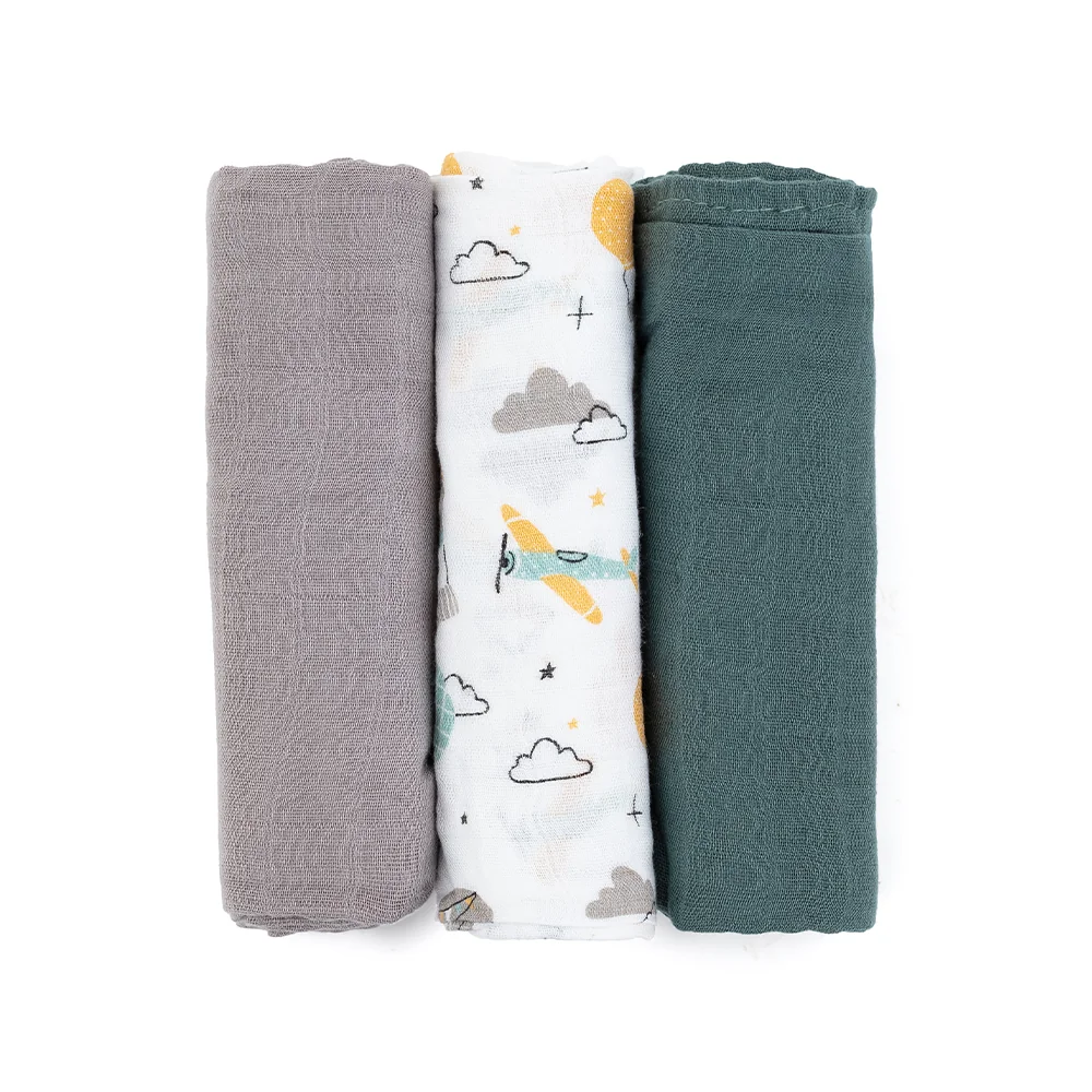 Petite&Mars Sada plen bambusová mušelínová Moussy 68 x 68 cm 3 ks Grey Planes