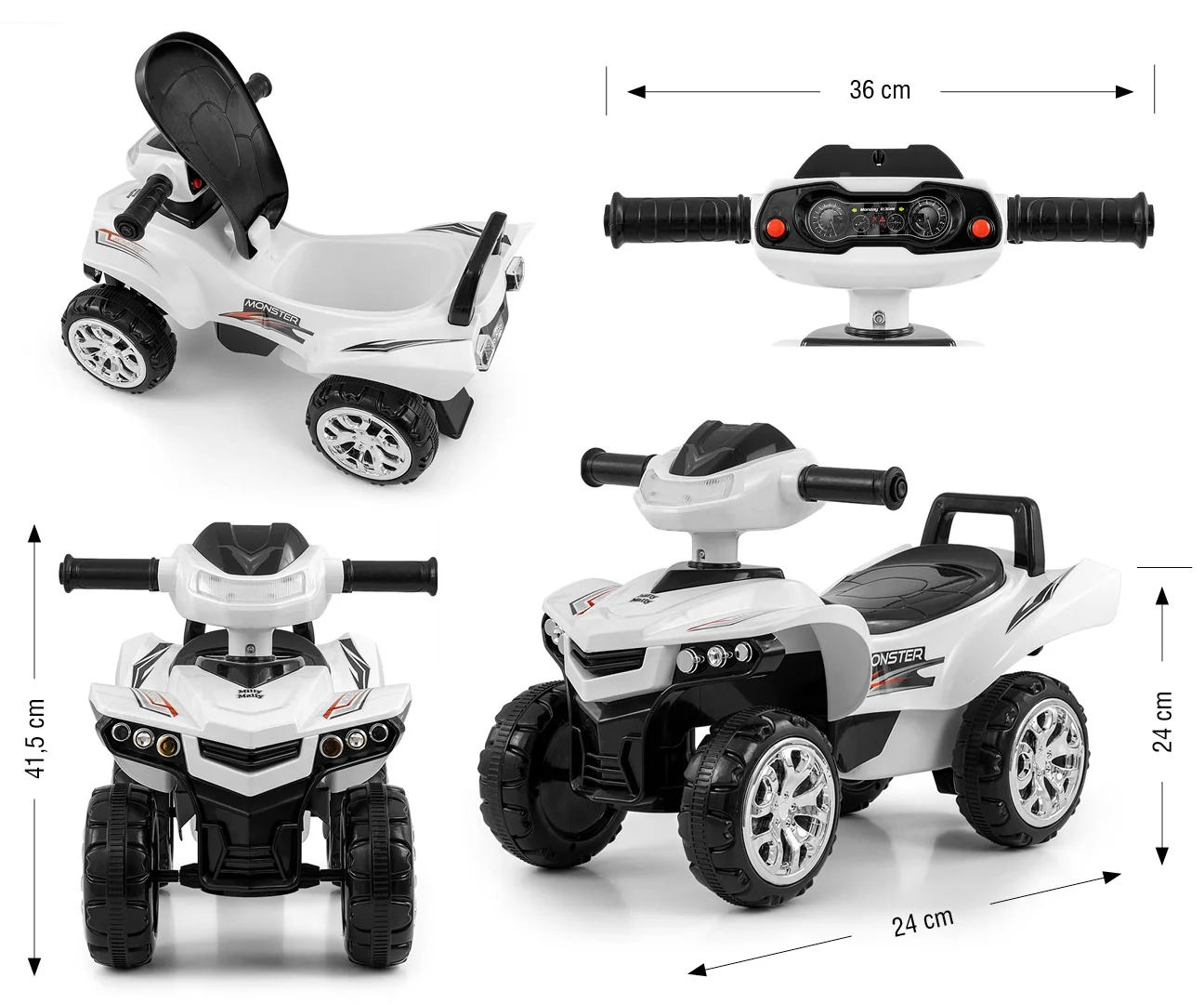 Milly Mally Dětské odrážedlo čtyřkolka Quad Monster Milly Mally, zvuky, světlo - bílé
