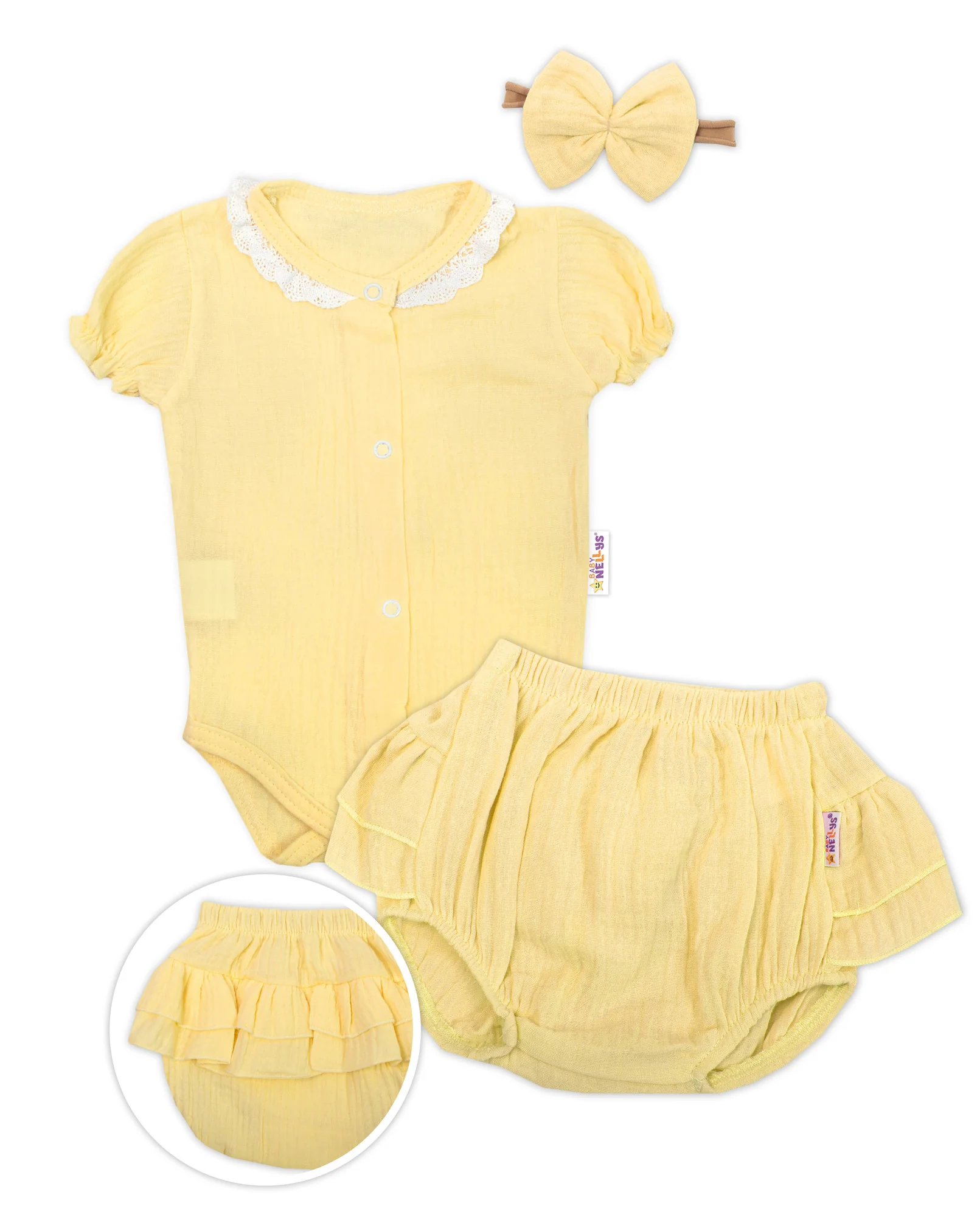 Baby Nellys 3-dílná mušelínová soupravička, body, kraťasky + čelenka GIRL, žlutá, vel. 62 vel. 62
