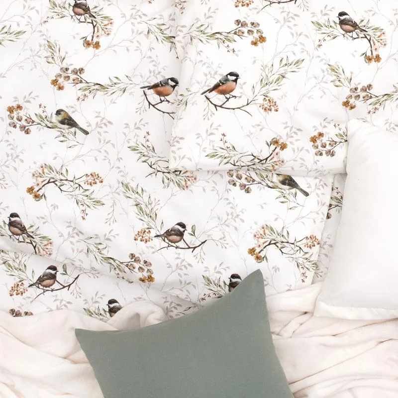 SCANquilt povlečení SATÉN DESIGN little birds bílorezavá 140 x 200/70 x 90 cm