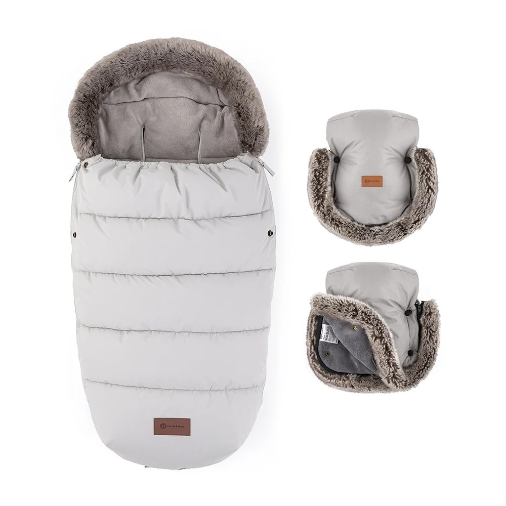 Petite&Mars Set zimní fusak Comfy 4v1 + rukavice na kočárek Furry Champagne Shower