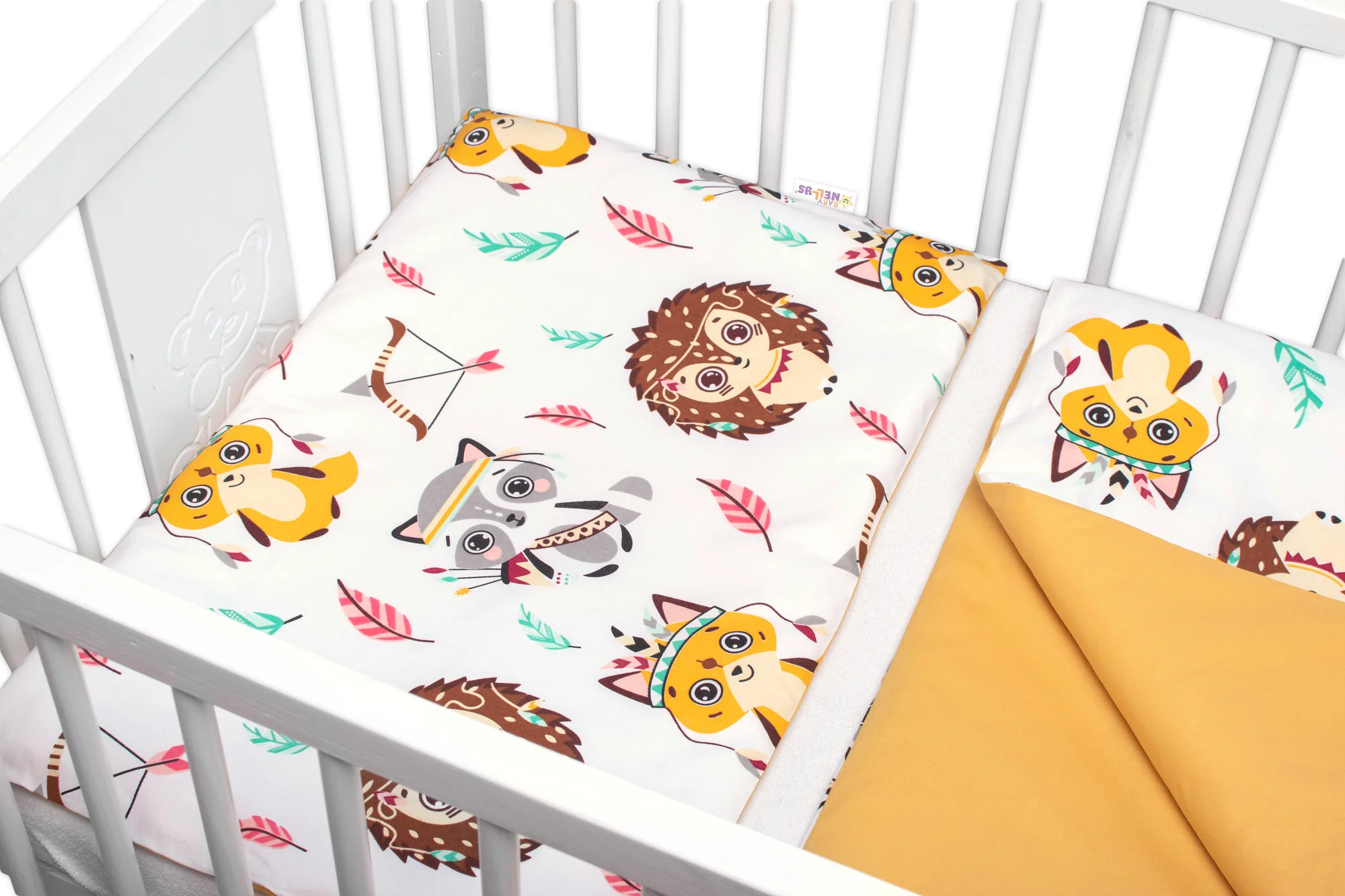 Baby Nellys 3-dílná sada Mantinel s povlečením-Ježek a Liška, bílá s potiskem/hořčicová