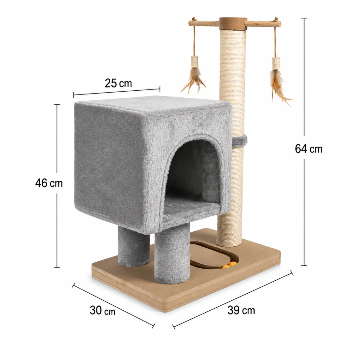 NELLYS Škrabadlo pro kočky Cat Tree 64 cm s úkrytem – MDF, sisal, plyš, světle šedá