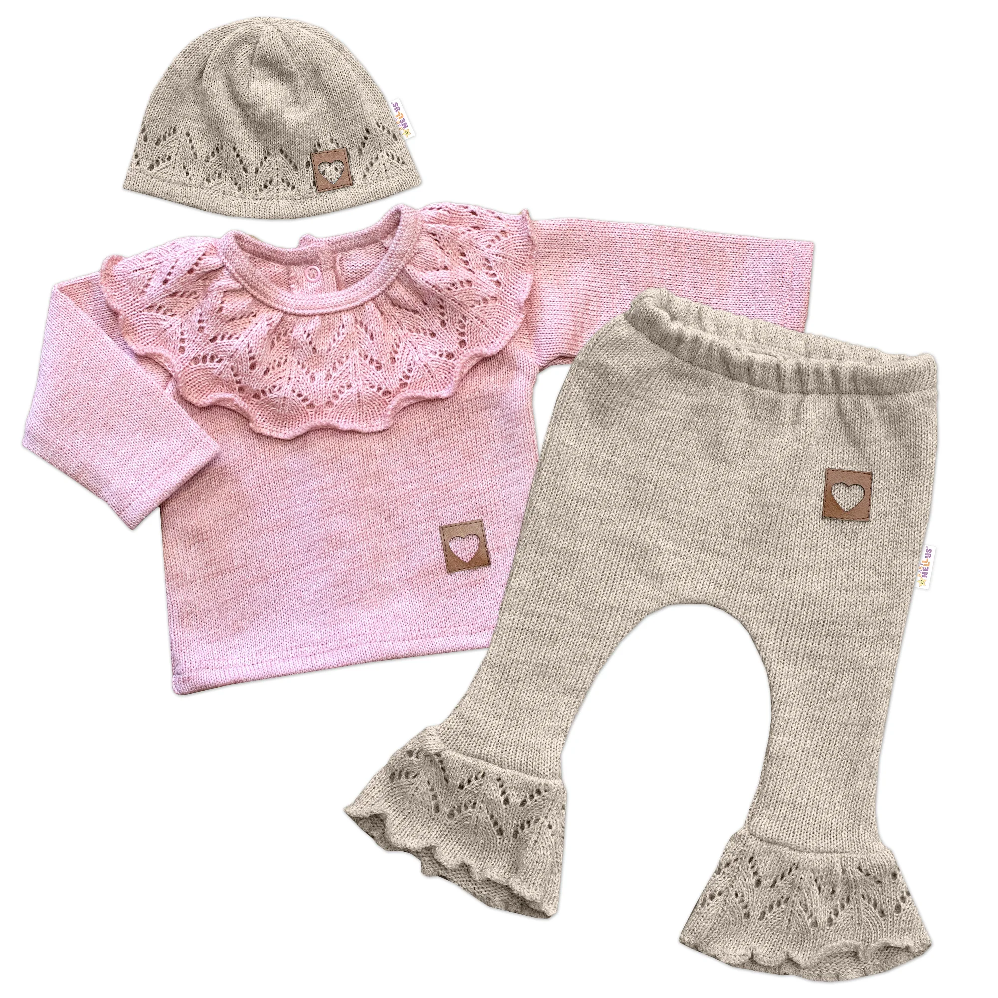 Baby Nellys Pletená soupravička s volánkem Heart,3D,růžová/béžová, 74