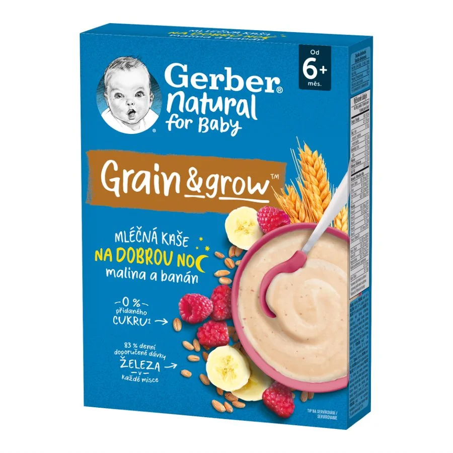 Gerber Natural Mléčná kaše na dobrou noc malina+banán 6m+ 220 g