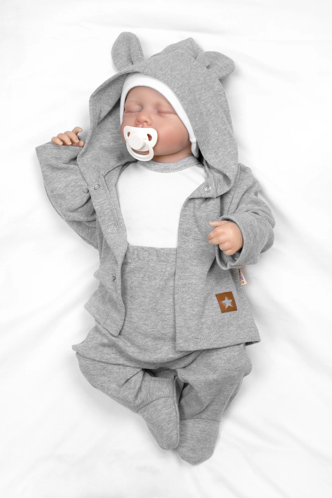 Baby Nellys Žebrovaná sada, Star 5D, body, polodupačky, kabátek, čepička - šedá, bílá, 62