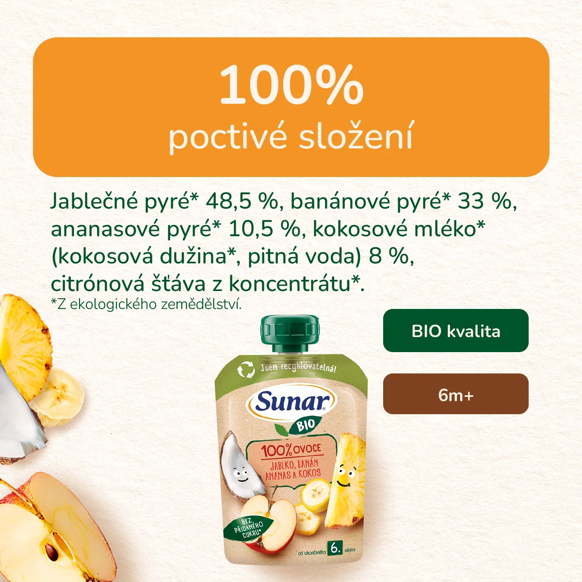 Sunar BIO Jablko, banán, ananas, kokos 6m+ kapsička 100 g