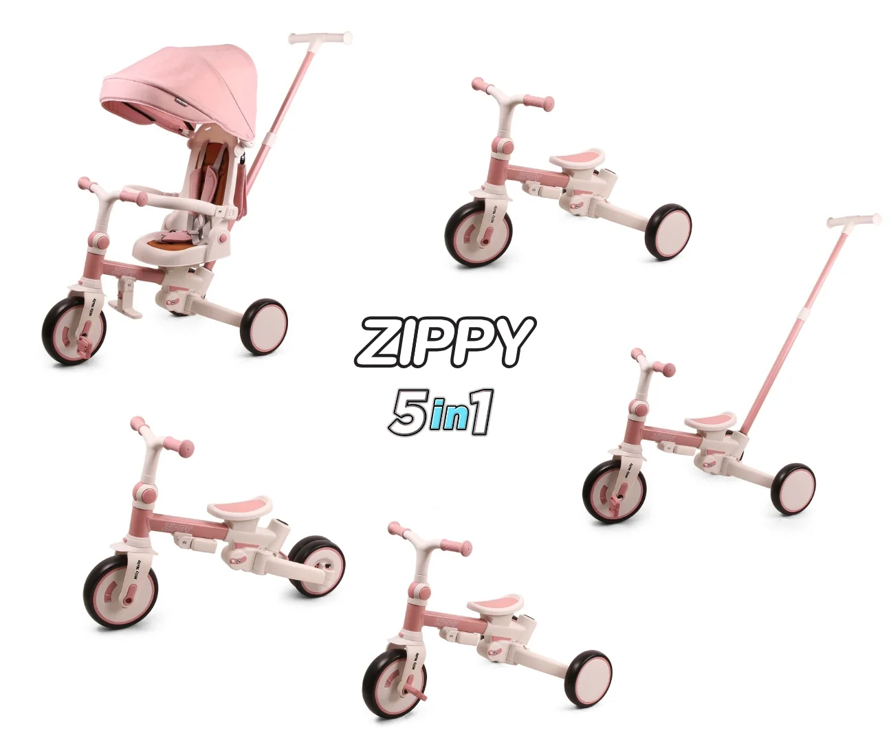 Milly Mally Dětská tříkolka 5v1 ZIPPY – odrážedlo s vodící tyčí, růžové