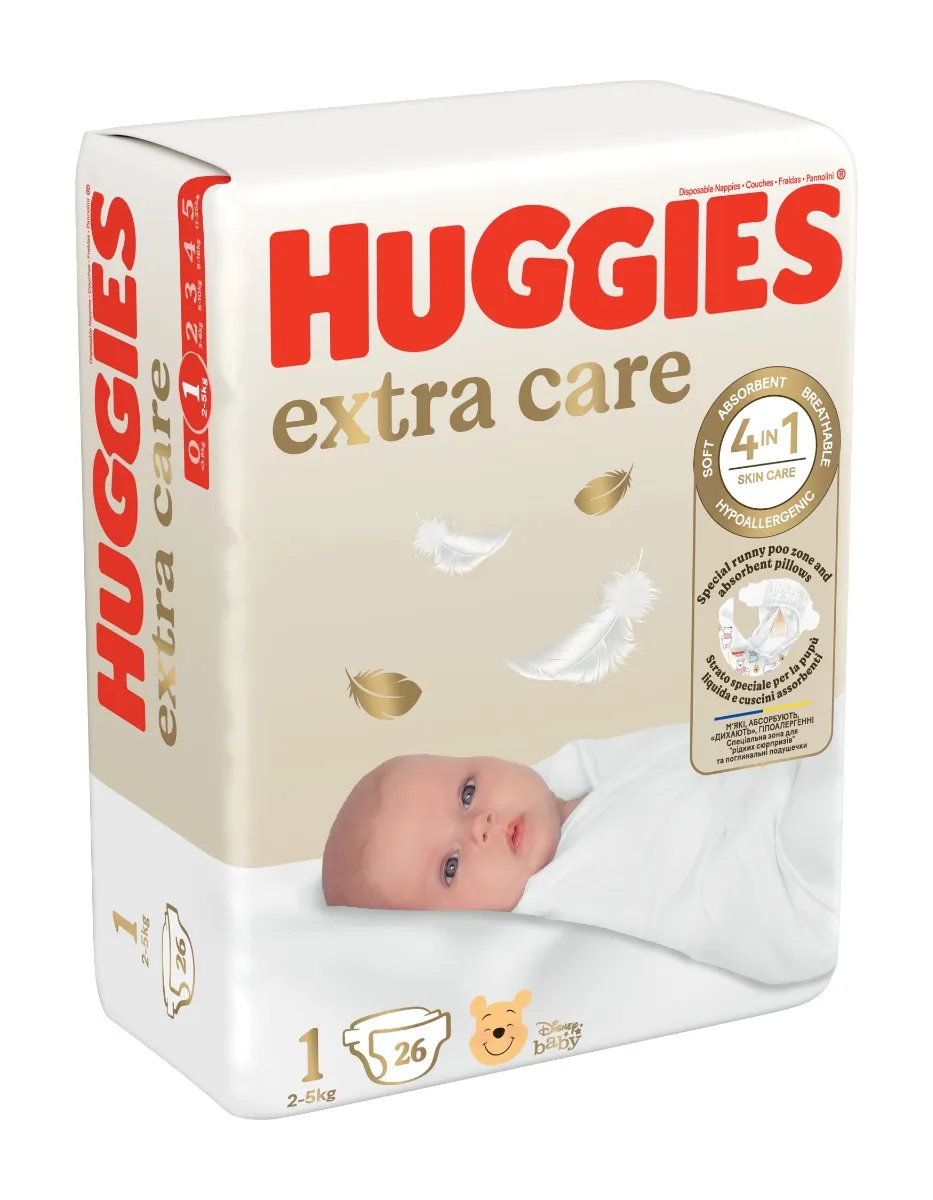Huggies Extra Care 1 2–5 kg dětské pleny 26 ks
