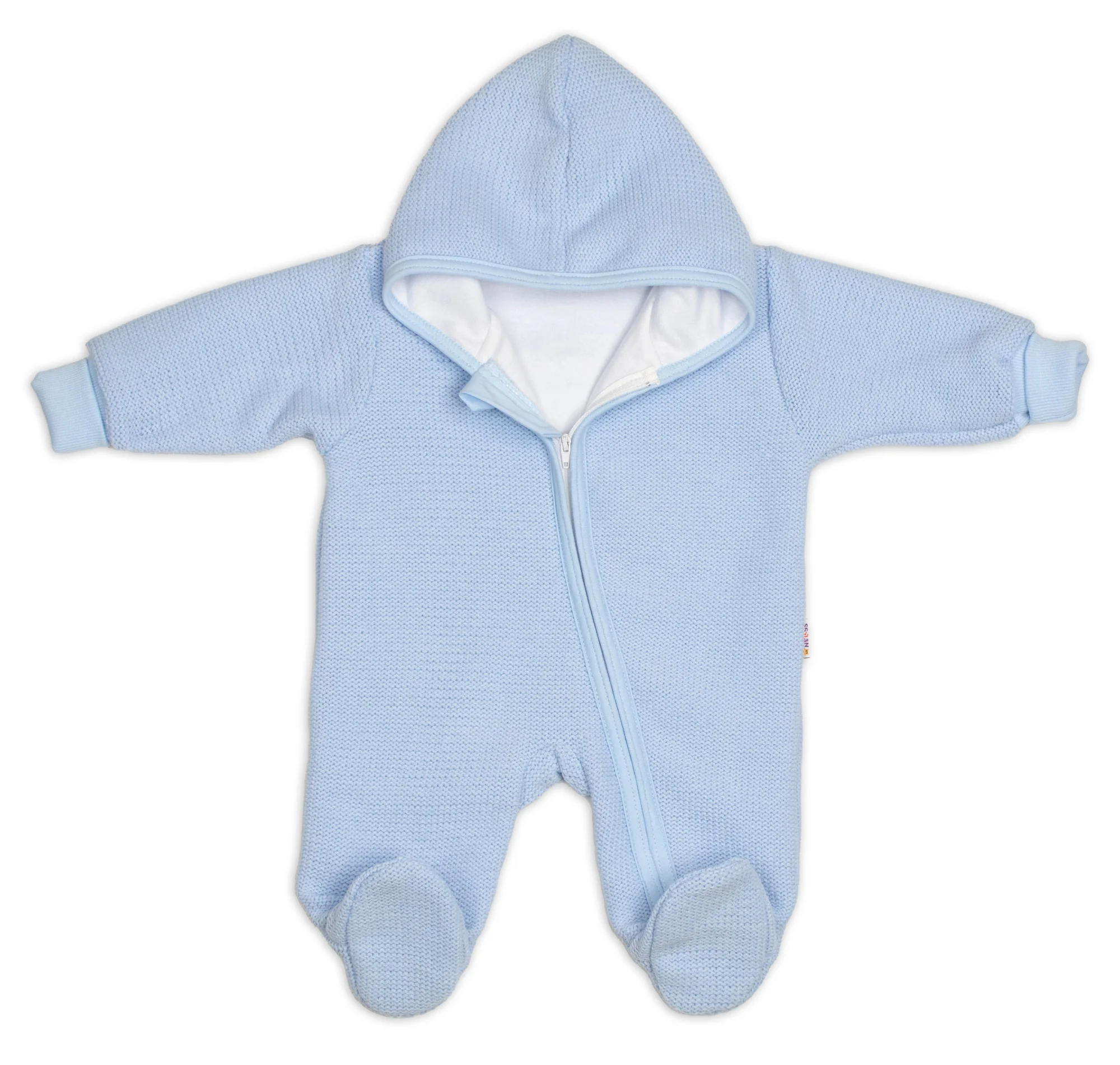 Baby Nellys Pletený overal s kapucí, CUTE - sv. modrý, vel. 62