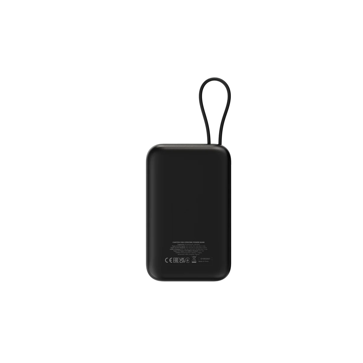 Canyon Power Bank PB-101, 10000mAh PD22.5W built-in cable, black