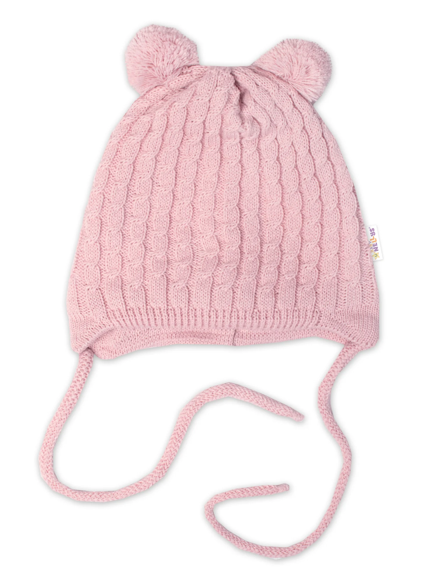 Baby Nellys Zimní čepice na zavazování s bambulky + šál, pudrově růžová vel. 74/80