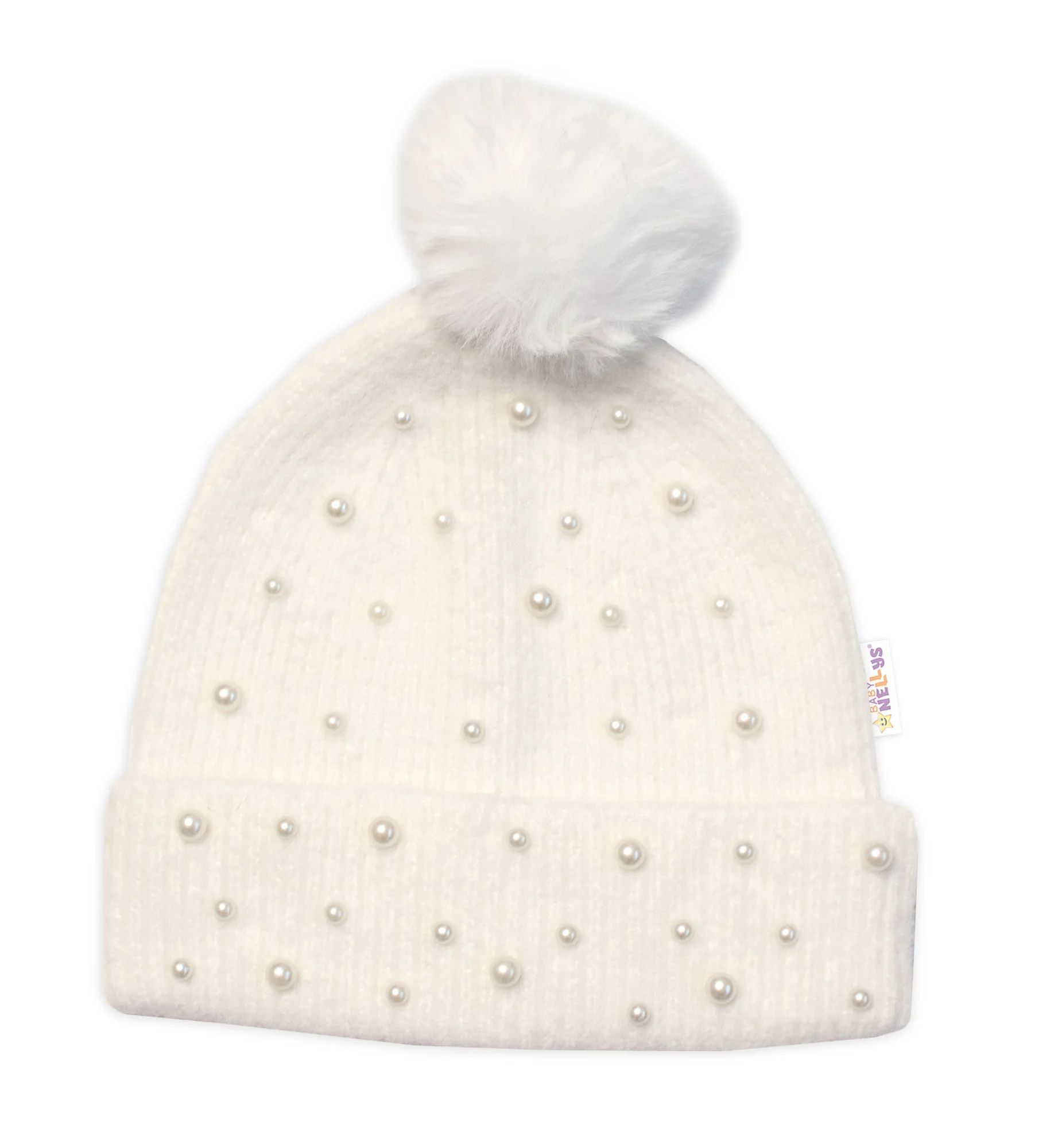 Baby Nellys Zimní čepice s bambulí + šál, Pearls, smetanová vel. 54/58