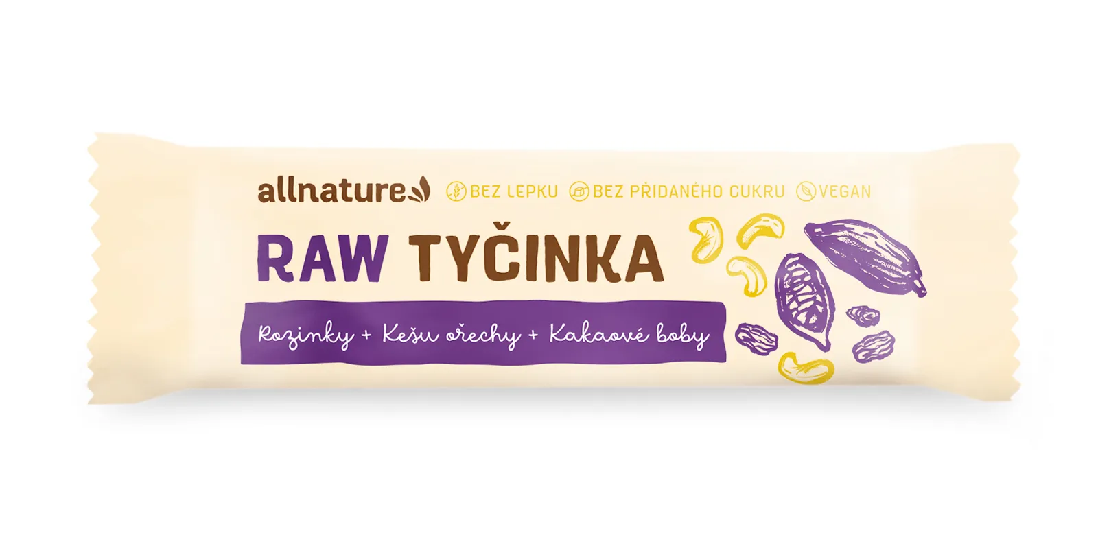 Allnature Bezlepková RAW tyčinka rozinky, kešu, kakaové boby 45 g