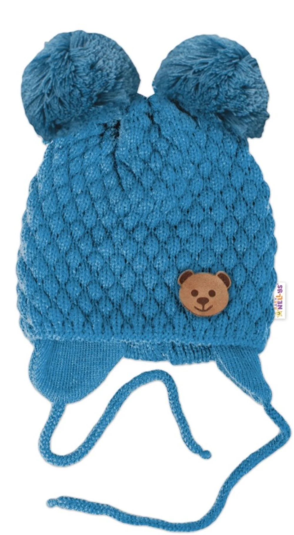 Baby Nellys Zimní pletená čepice Teddy Bear na zavazování, modrá