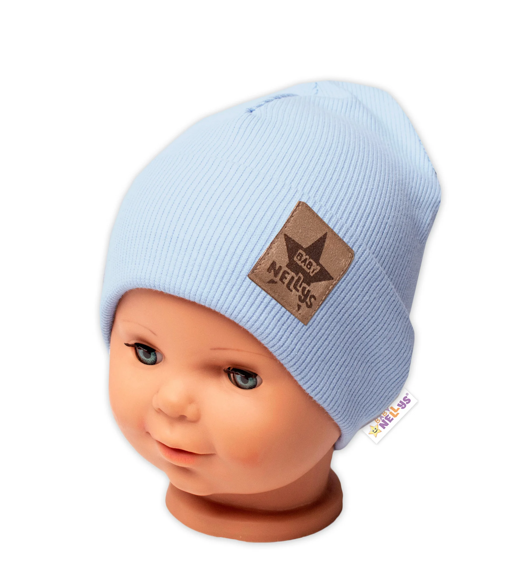 Baby Nellys Žebrovaná dvouvrstvá čepice s lemem - sv. modrá vel. 80/86