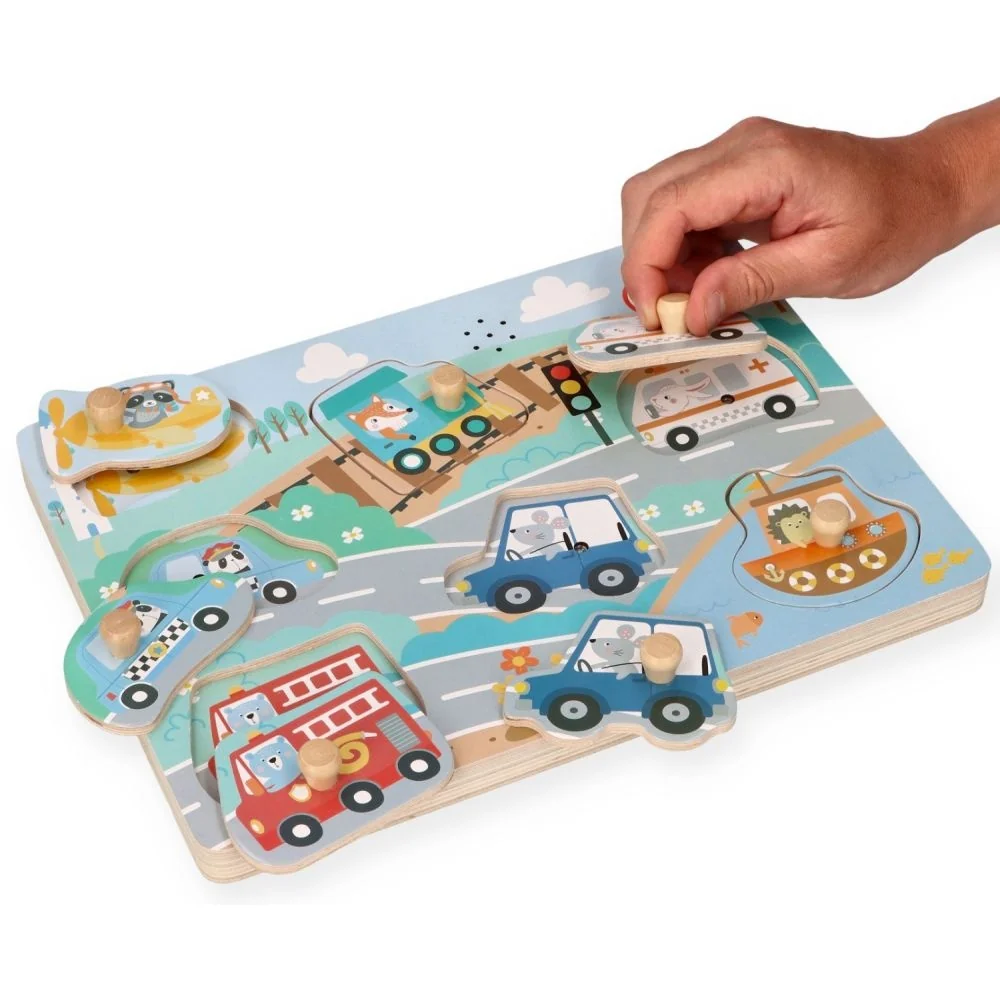 Adam Toys Dřevěná aktivní vkládačka se zvuky, Dopravní prostředky, přírodní