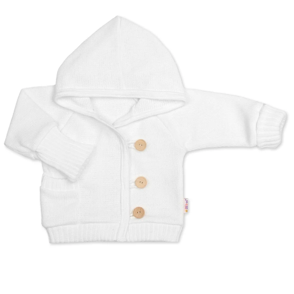 Baby Nellys Rostoucí pletený svetřík s kapucí, zapínání knoflíčky - bílý, vel. 68/74