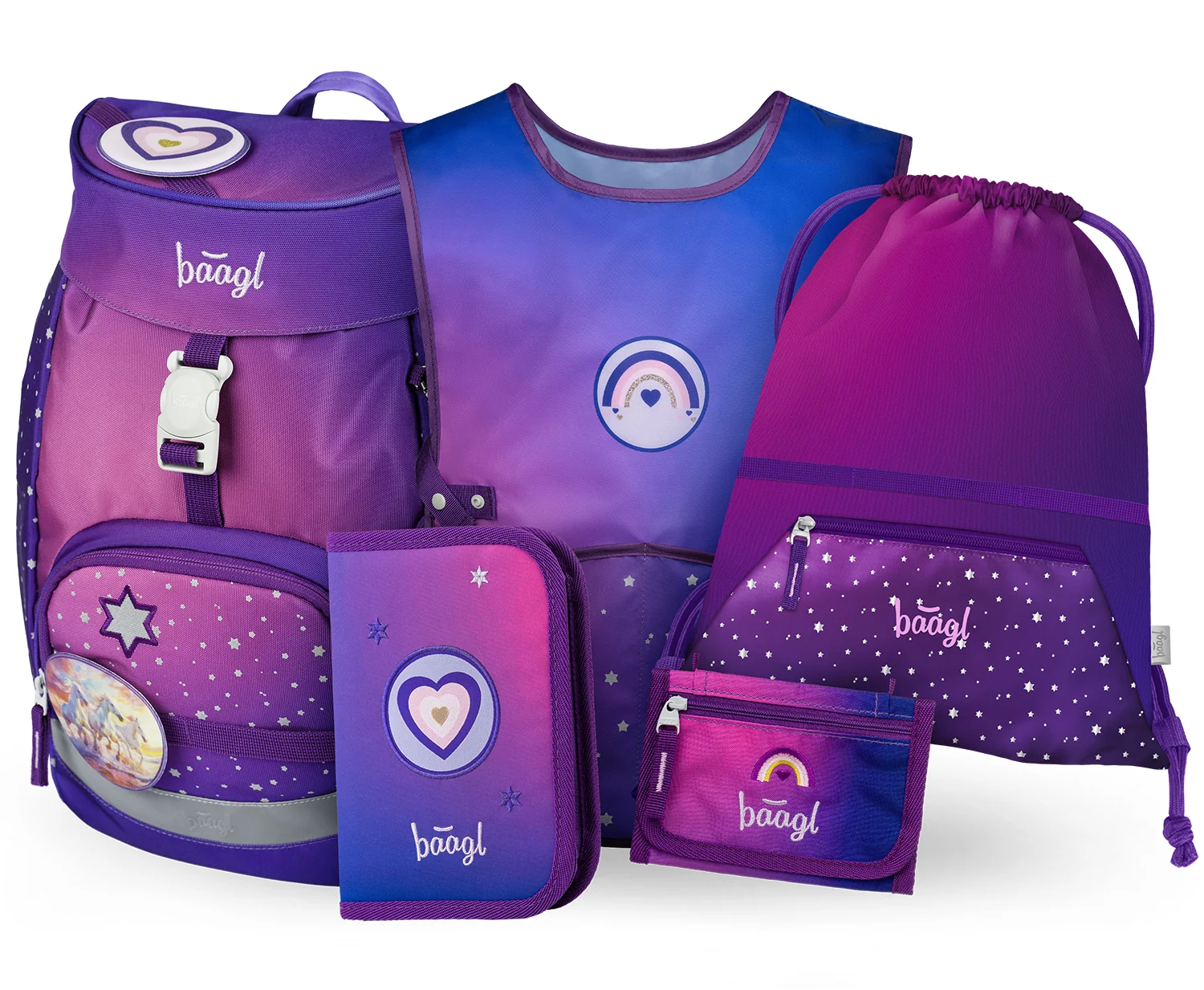 Baagl SET 5 AIRY Koně srdce: batoh, penál, sáček, zástěra, peněženka 