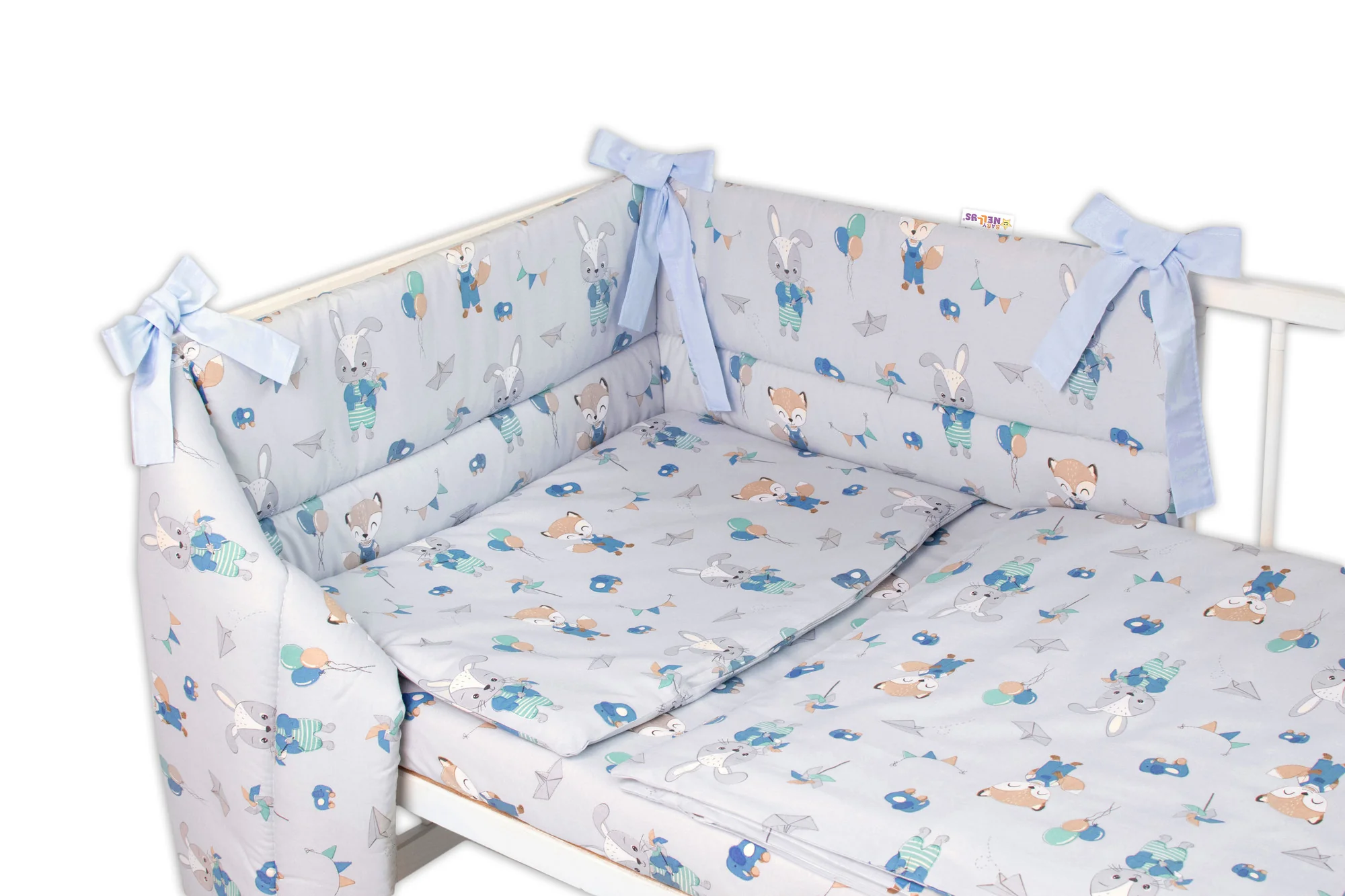 Baby Nellys 3-dílná sada Mantinel s povlečením, Liška a zajíc, modré