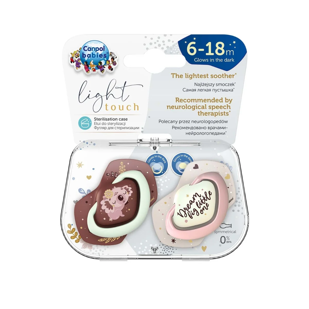 Canpol babies Set symetrických silikonových dudlíků 6-18m SLEEPY KOALA 2 ks růžový